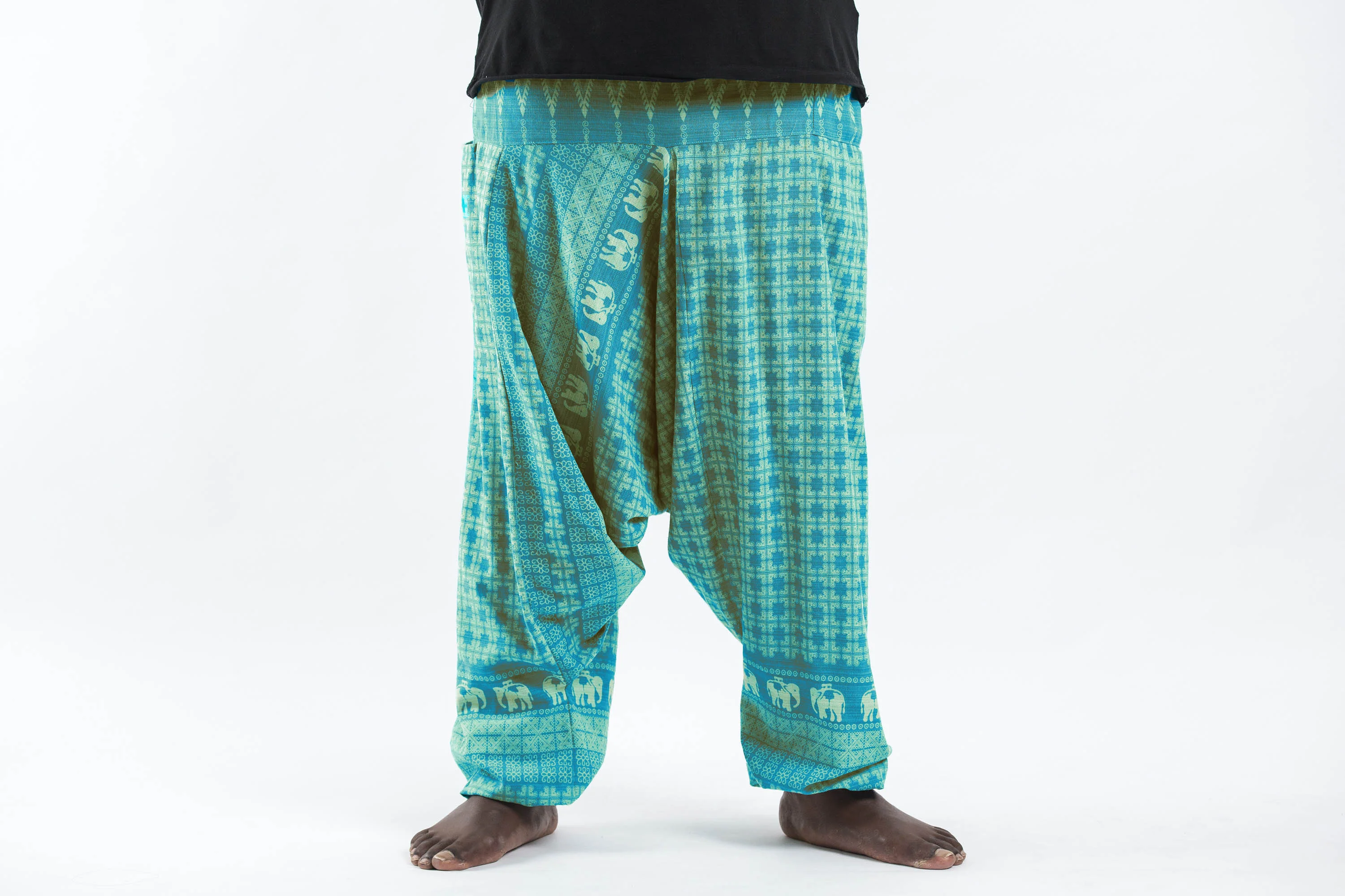 Plus Size Hill Tribe Elephant Men's Elephant Pants in Turquoise
