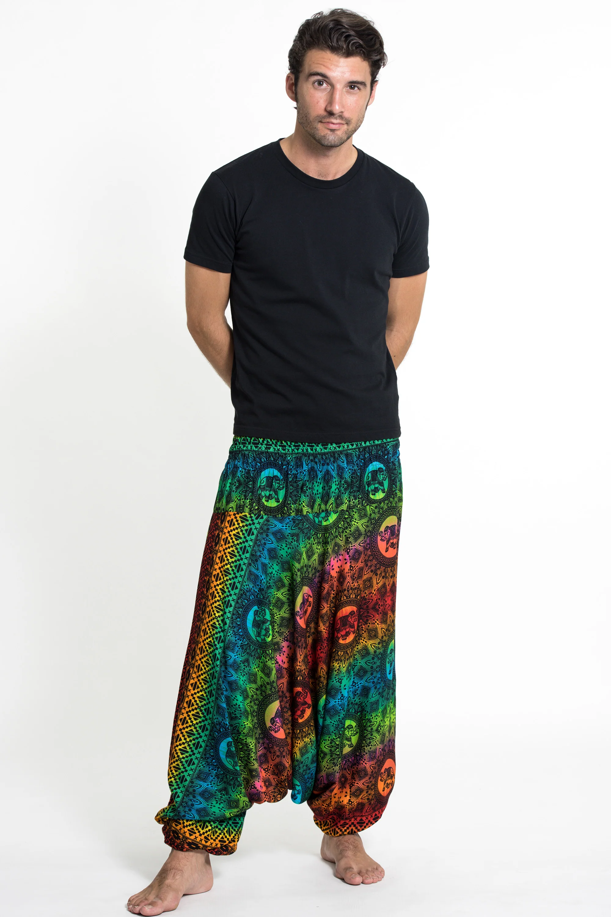 Rainbow Elephant Drop Crotch Men's Elephant Pants in Orange