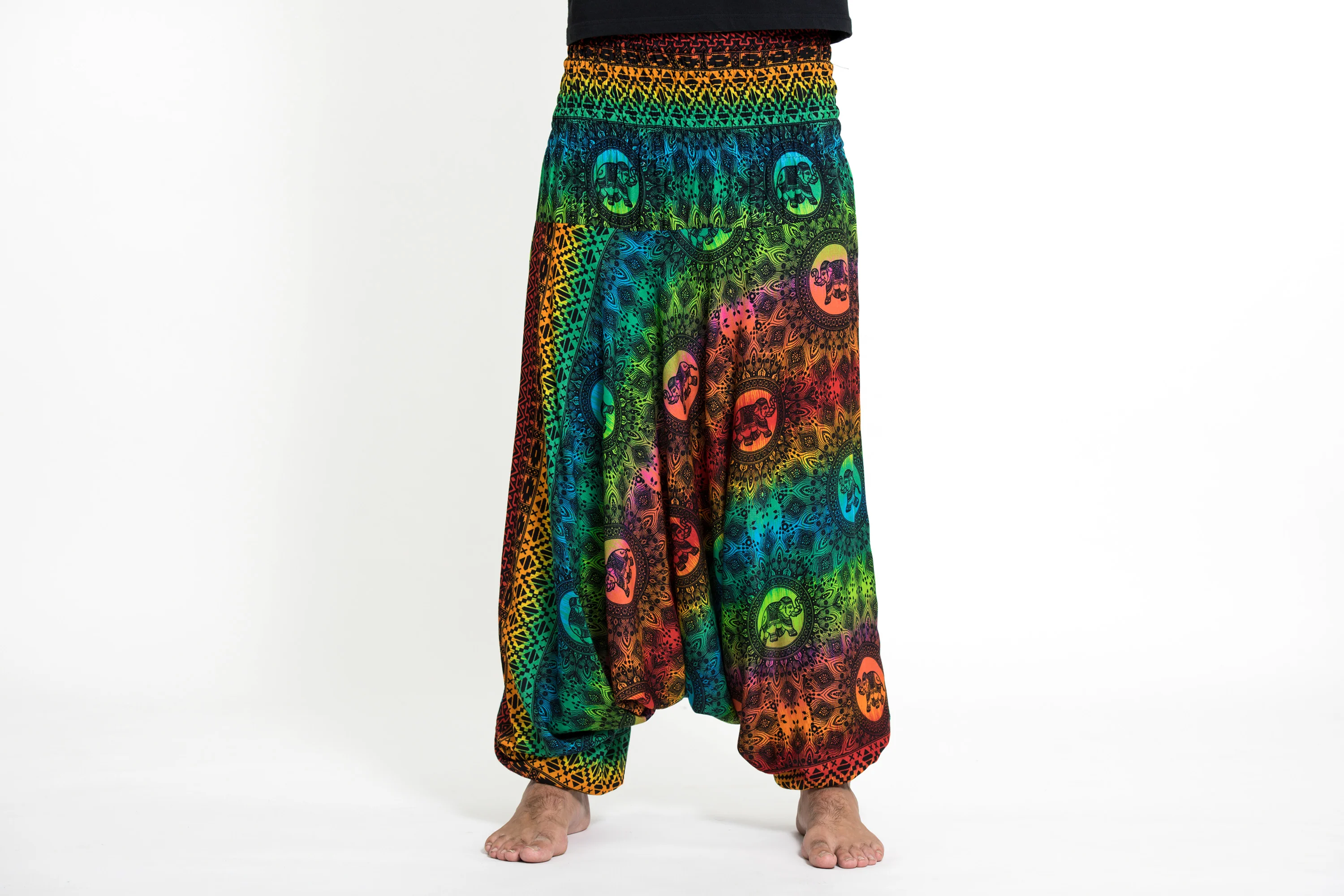 Rainbow Elephant Drop Crotch Men's Elephant Pants in Orange