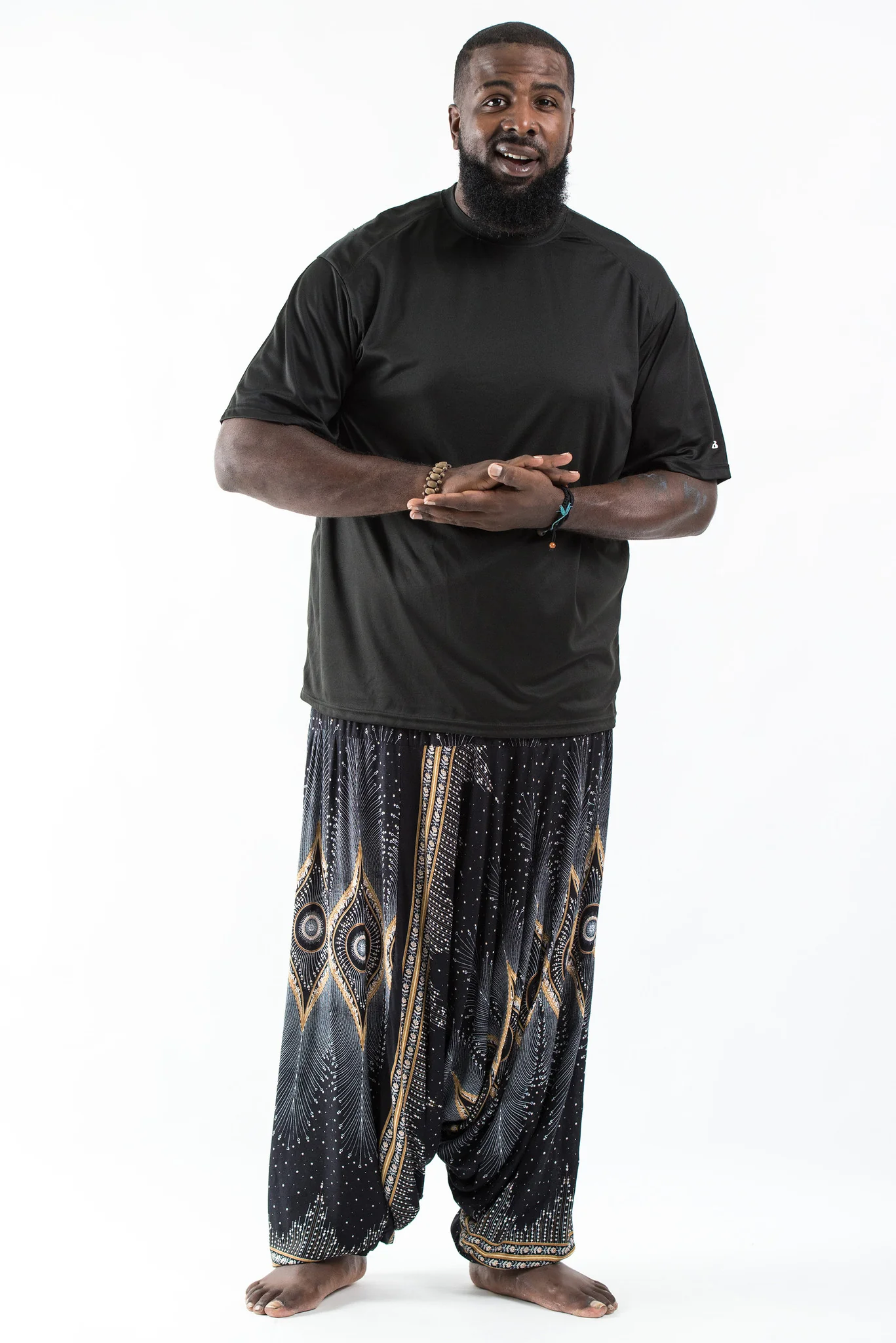 Plus Size Diamond Peacock Drop Crotch Men's Harem Pants in Black