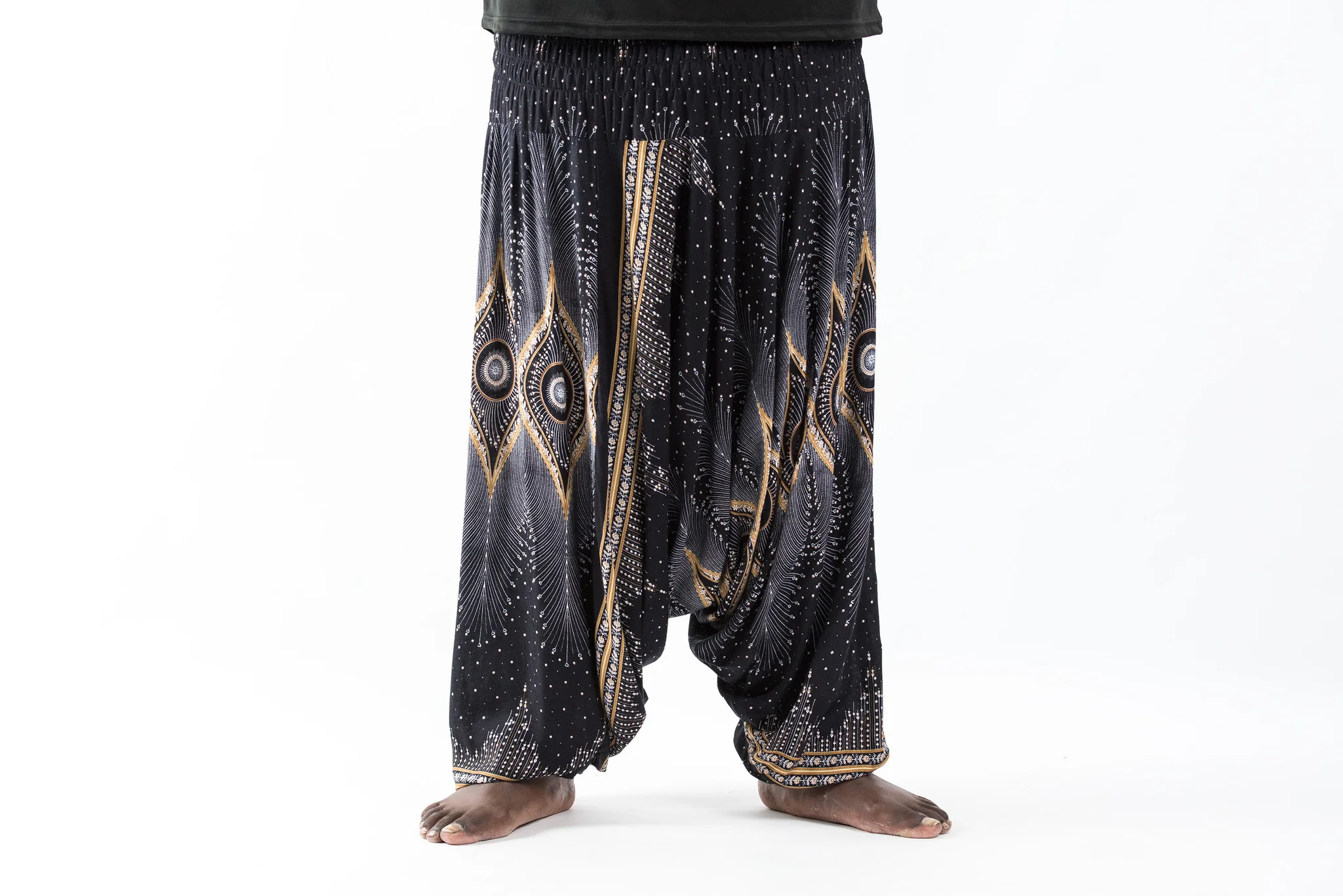 Plus Size Diamond Peacock Drop Crotch Men's Harem Pants in Black