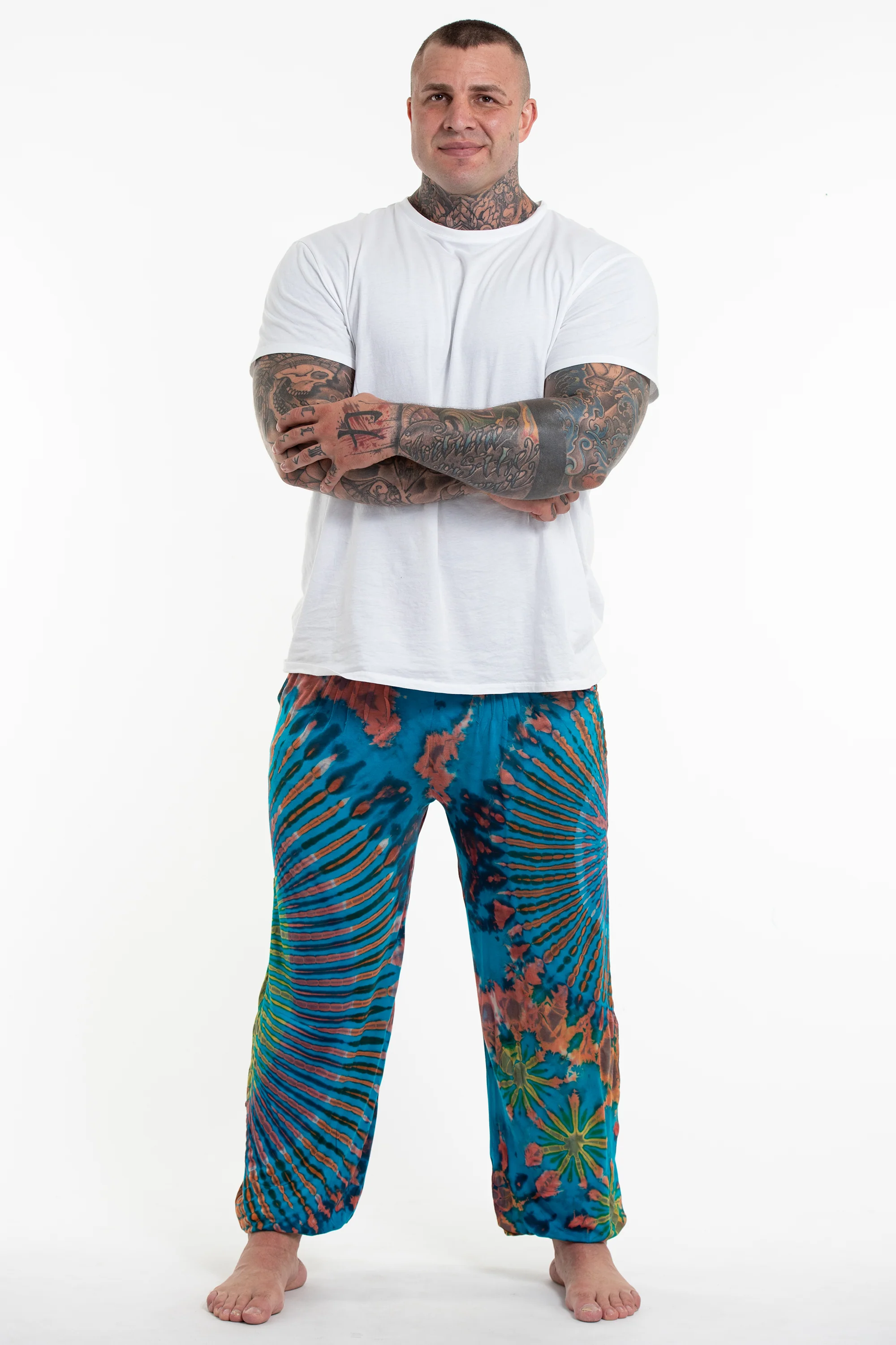 Plus Size Tie Dye Cotton Men Harem Pants in Blue Rainbow
