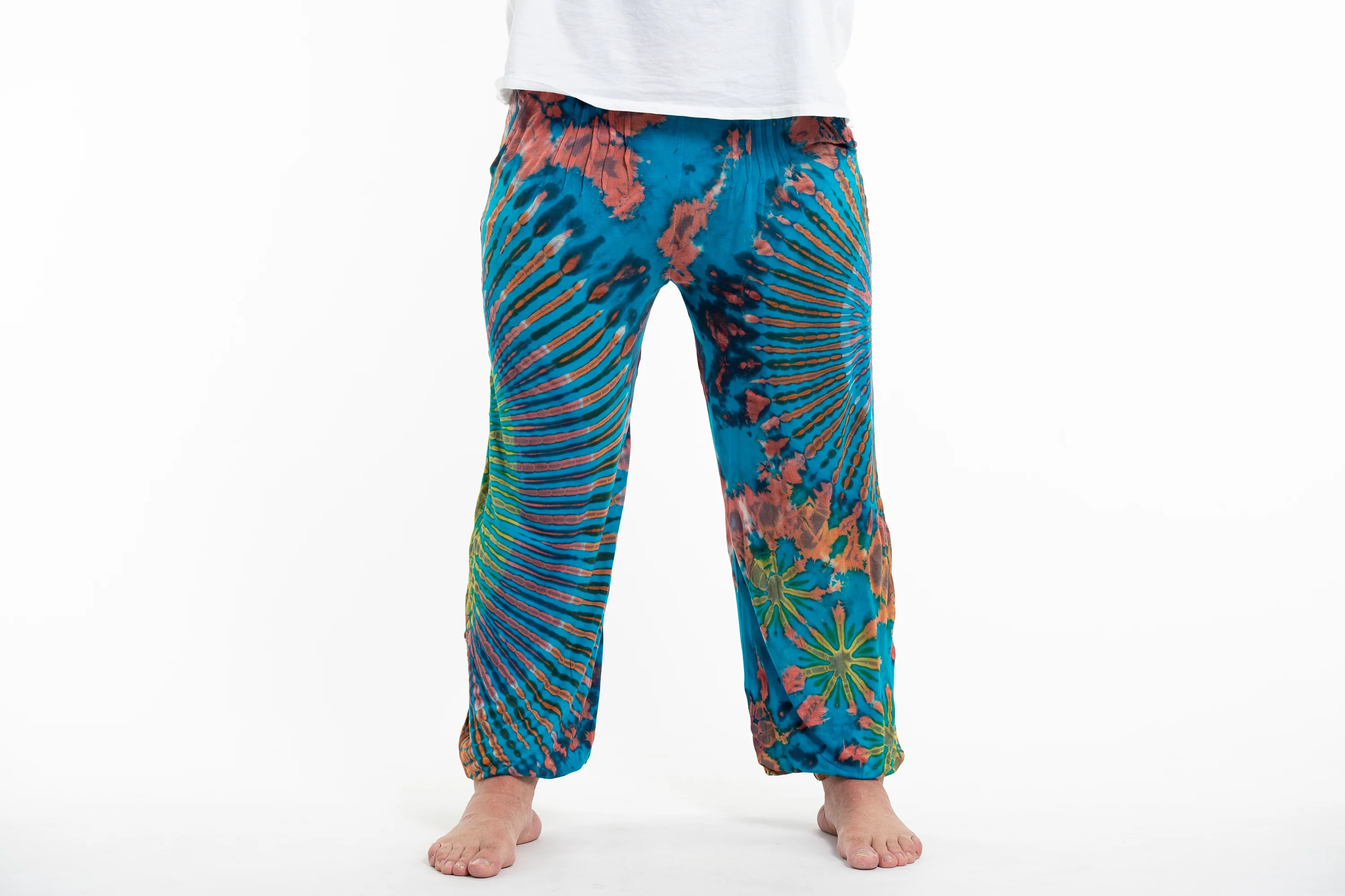 Plus Size Tie Dye Cotton Men Harem Pants in Blue Rainbow