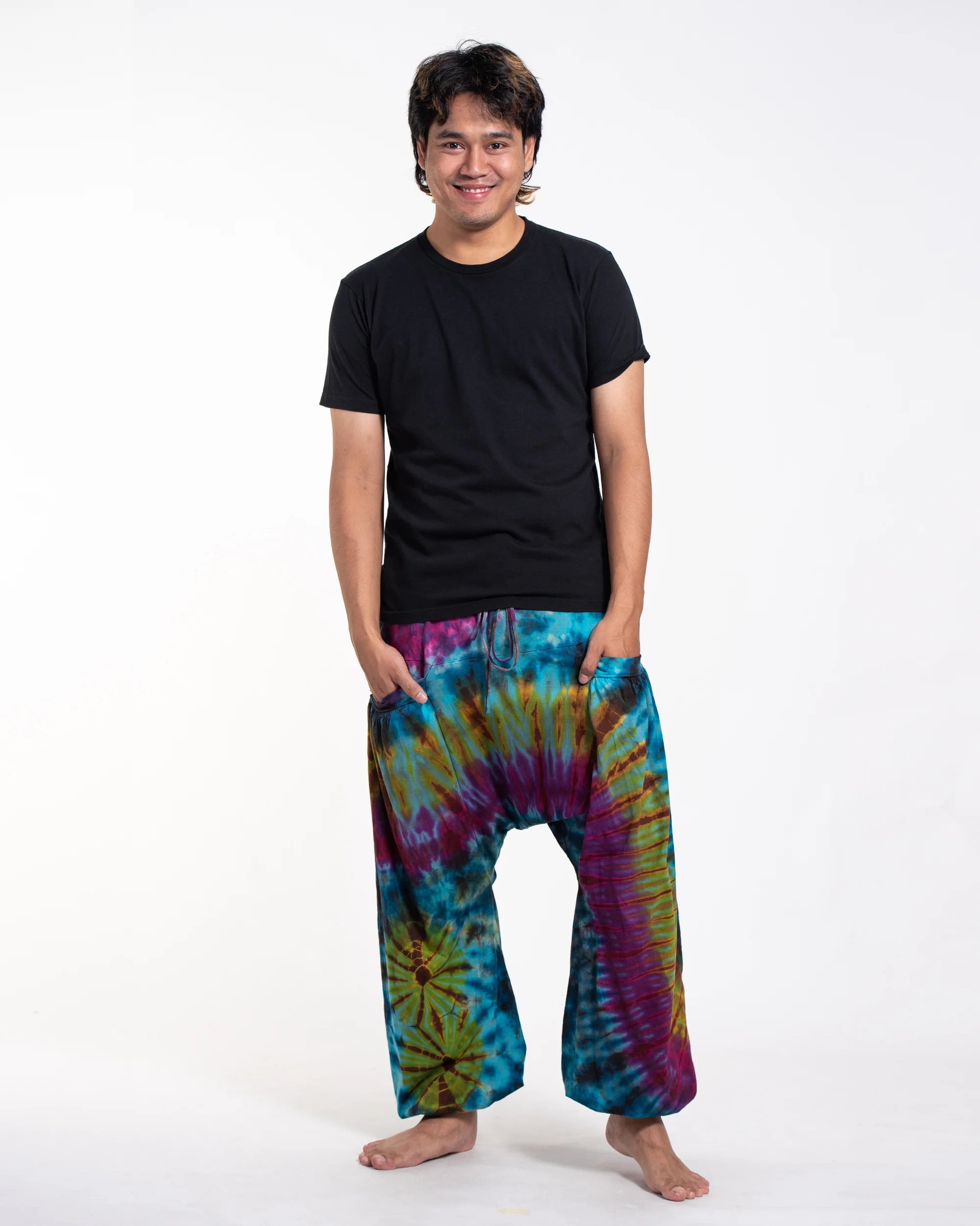 Tie Dye Cotton Men Harem Pants in Blue Yellow