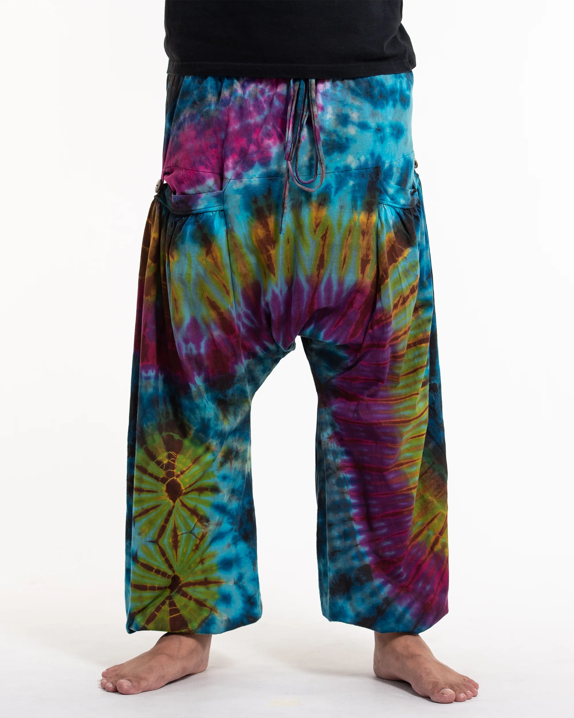 Tie Dye Cotton Men Harem Pants in Blue Yellow