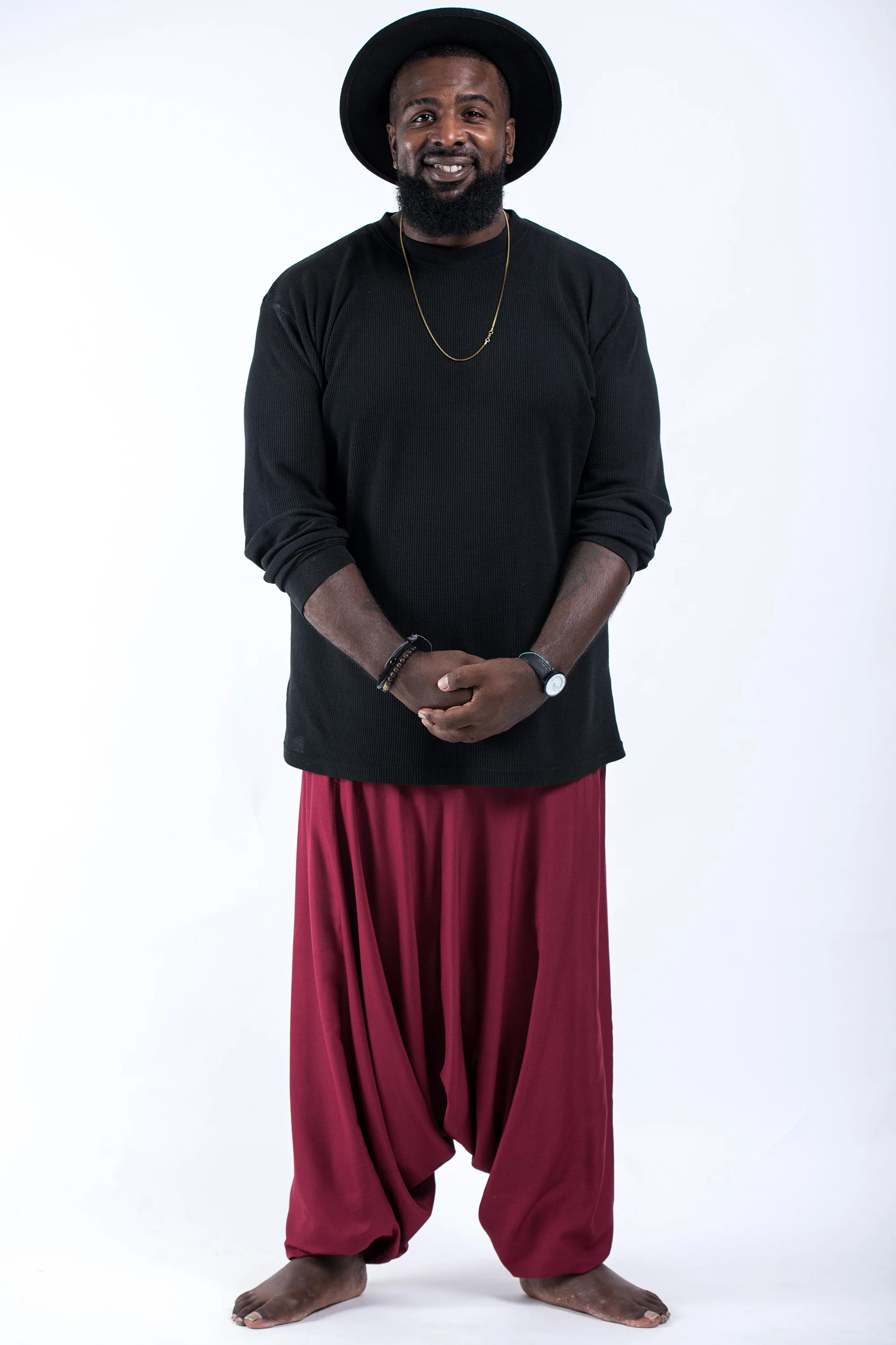 Plus Size Solid Color Drop Crotch Men's Harem Pants in Red