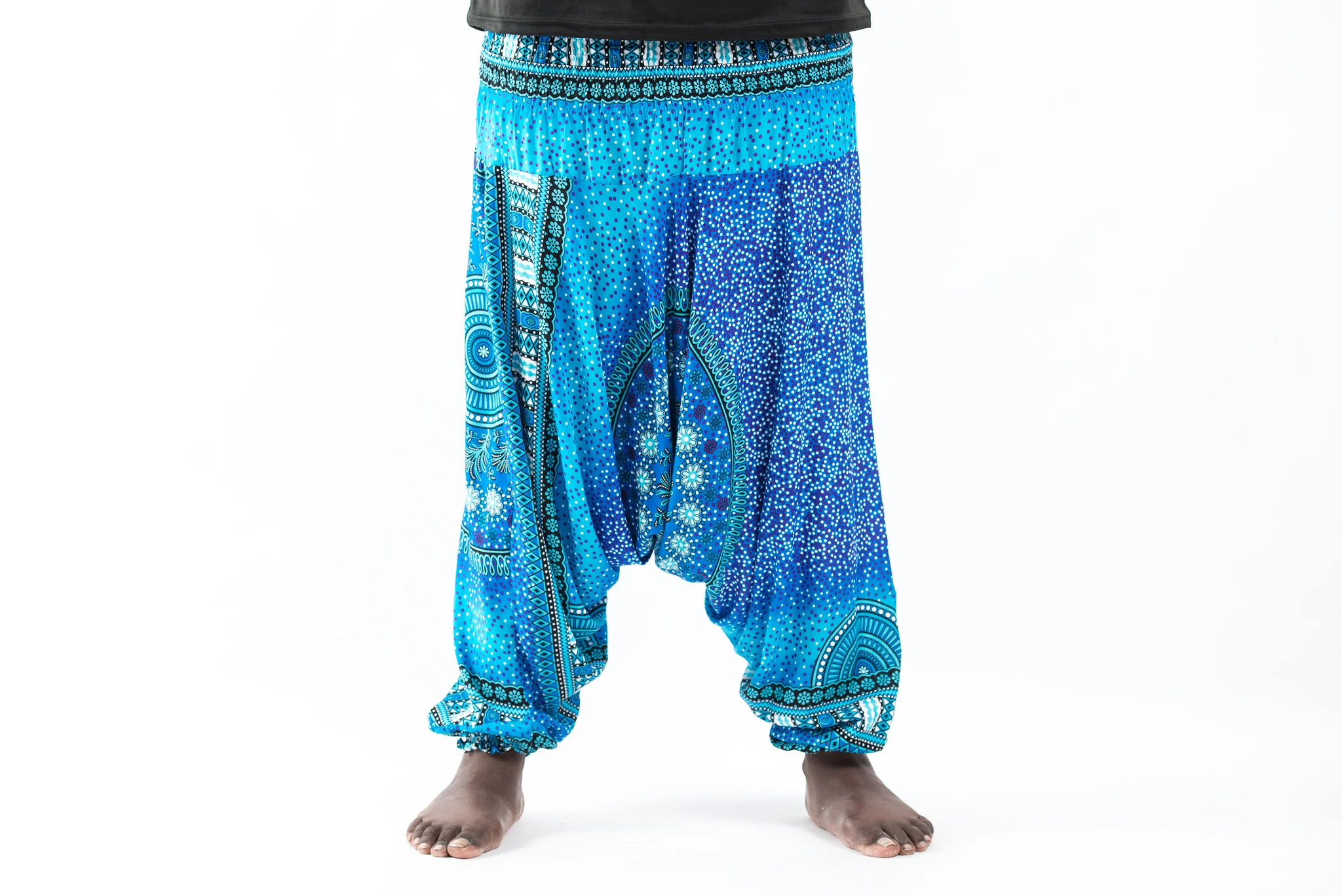 Plus Size Tribal Chakras Drop Crotch Men's Harem Pants in Blue