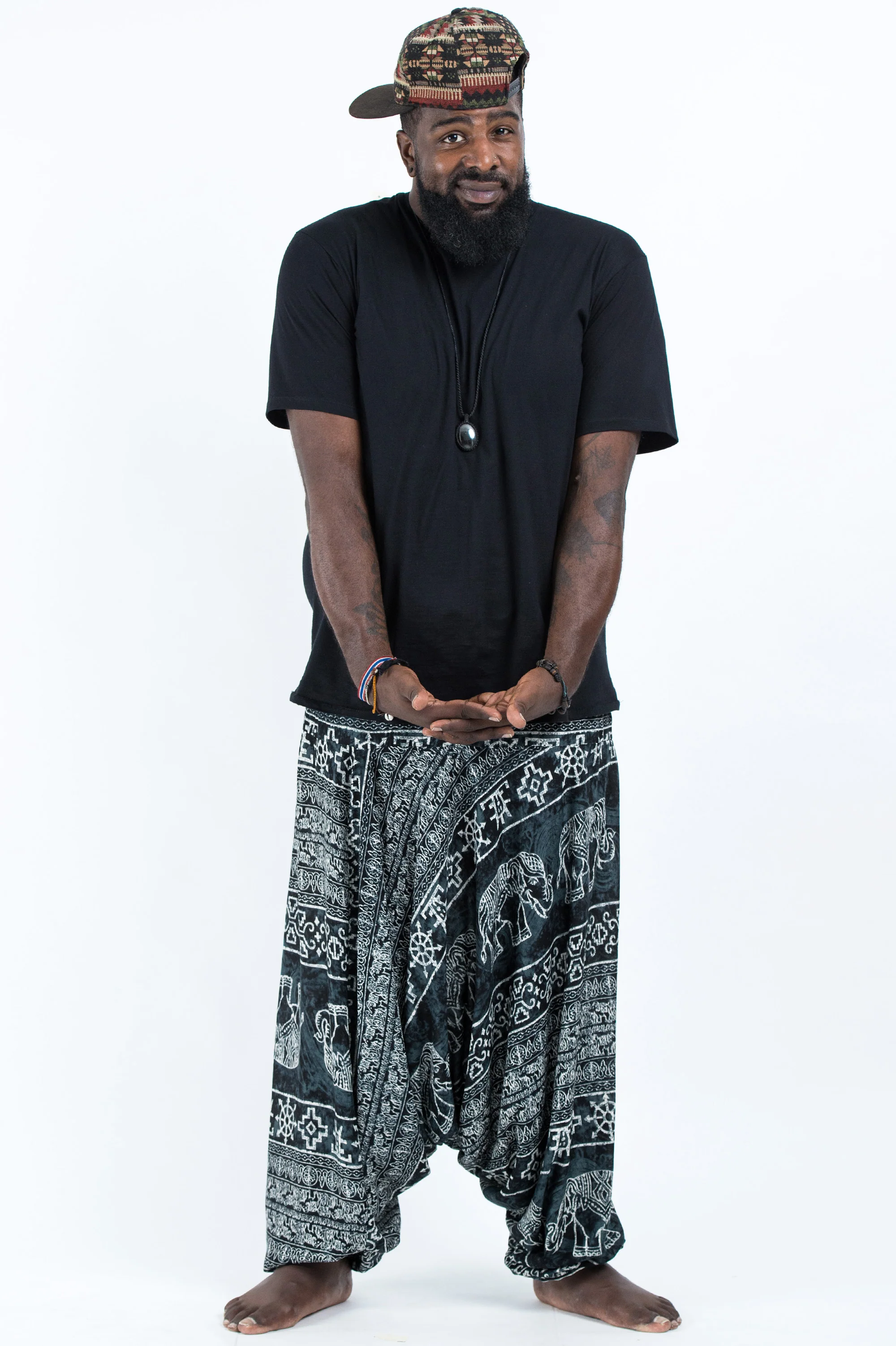 Plus Size Marble Elephant Drop Crotch Men's Elephant Pants in Black