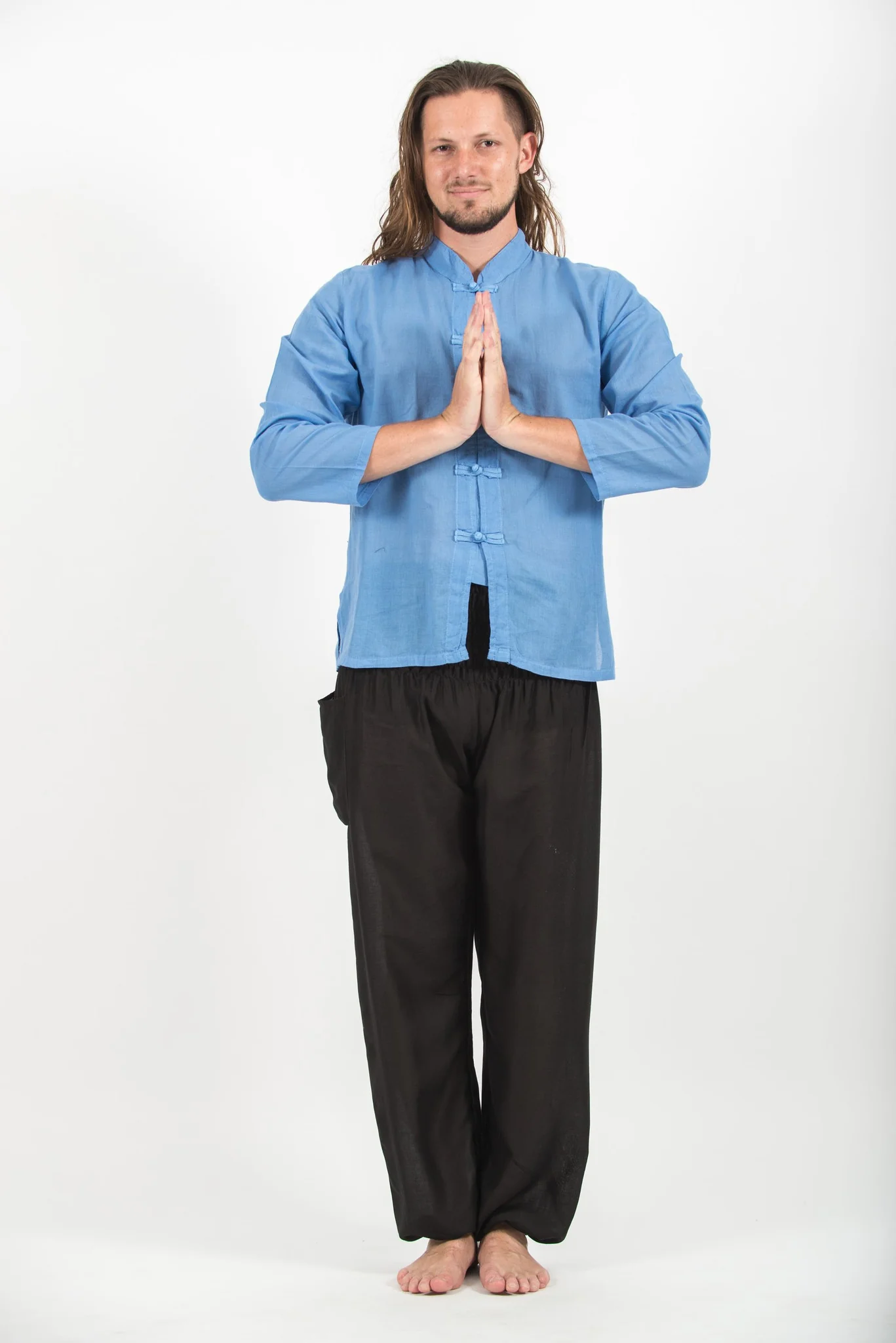 Mens Yoga Shirts Chinese Collared in Blue