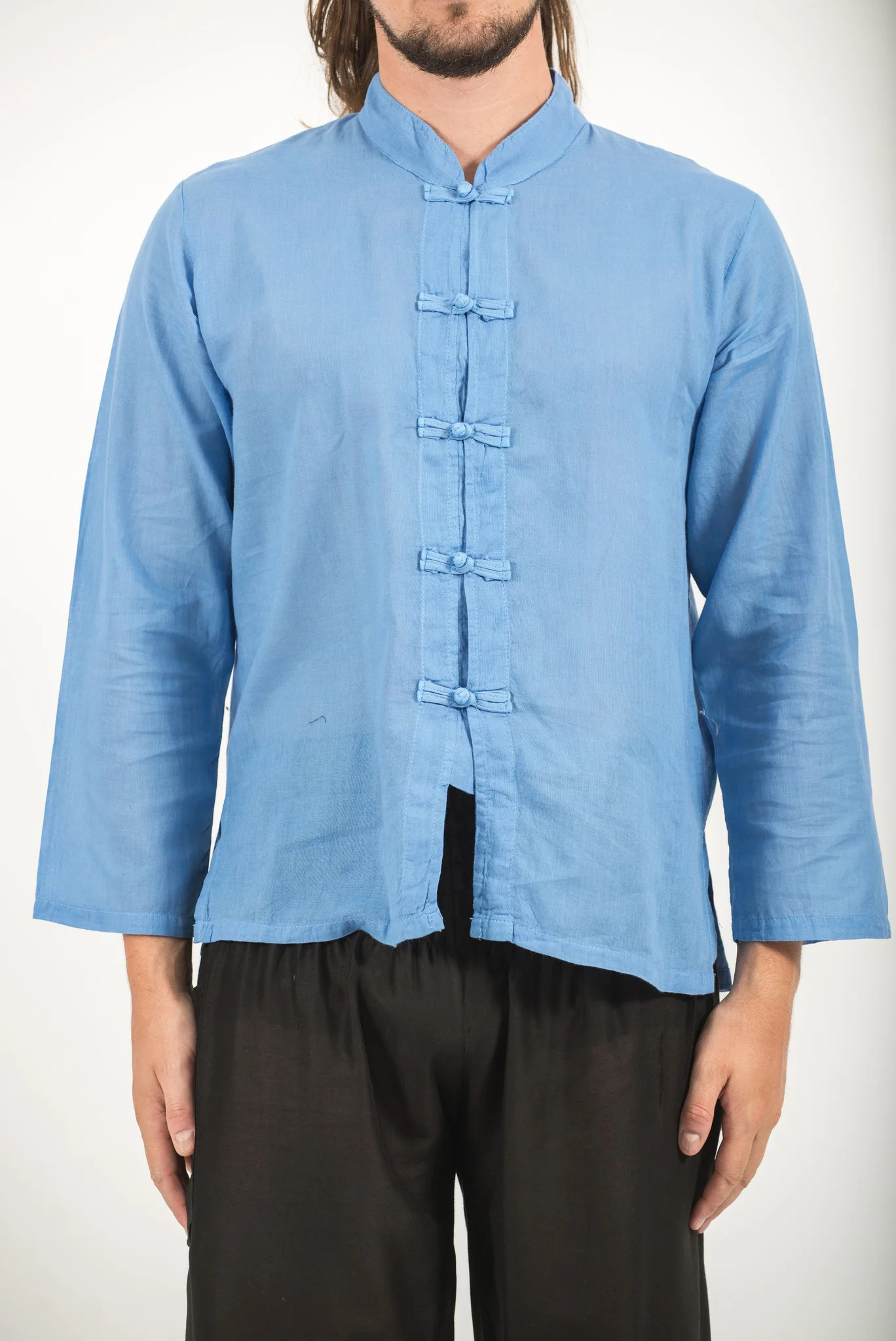 Mens Yoga Shirts Chinese Collared in Blue