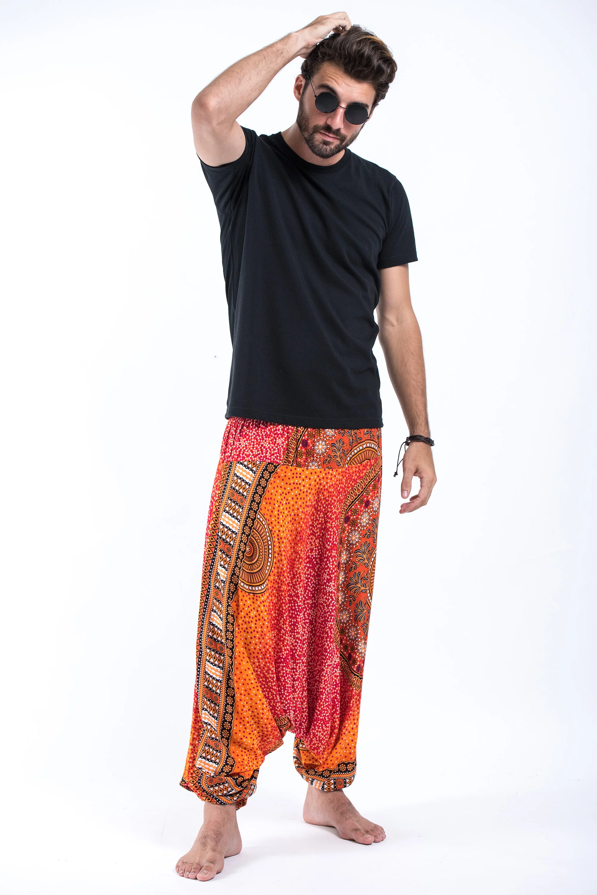 Tribal Chakras Drop Crotch Men's Harem Pants in Orange