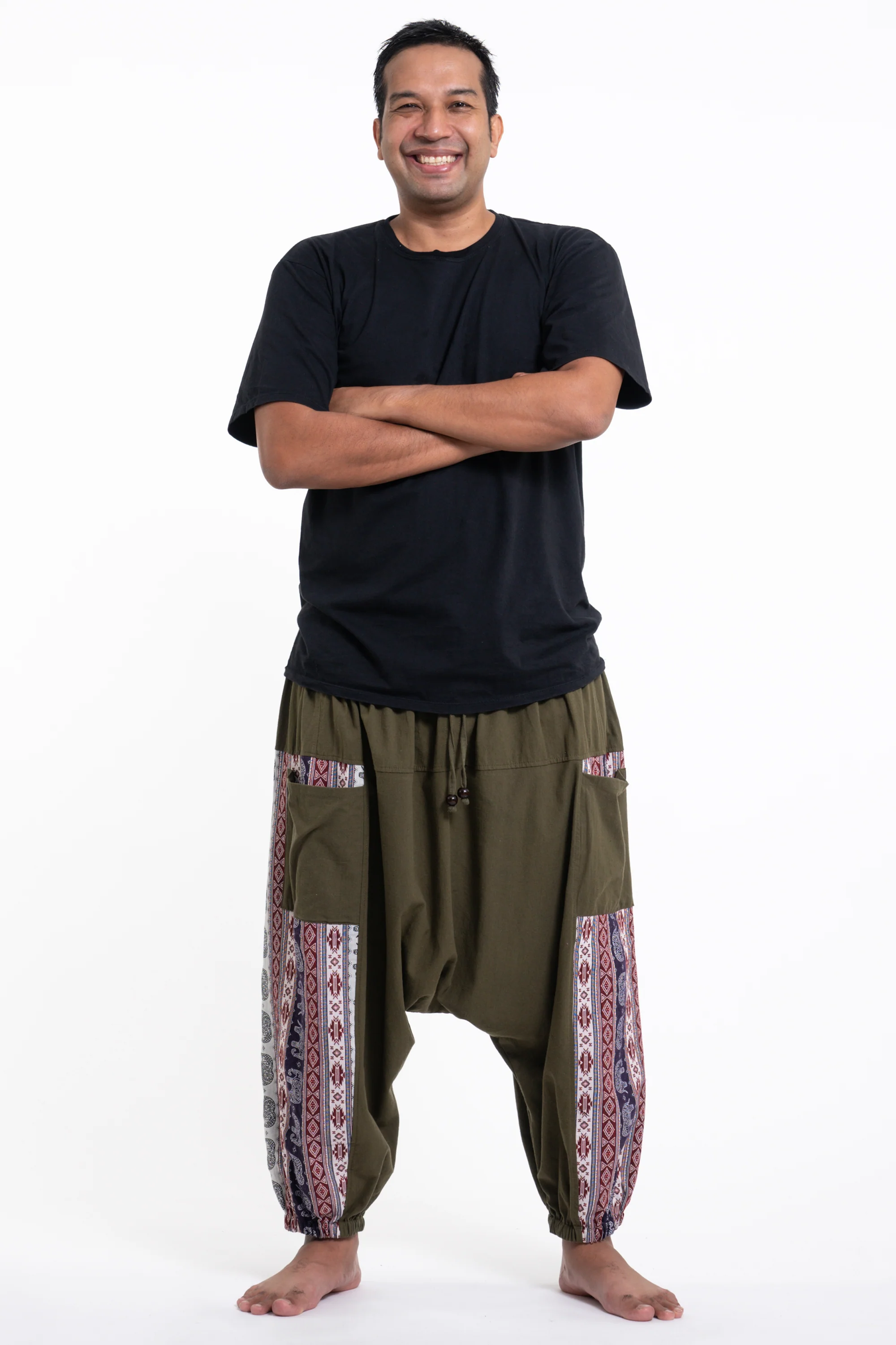 Plus Size Elephant Aztec Cotton Men's Harem Pants in Green