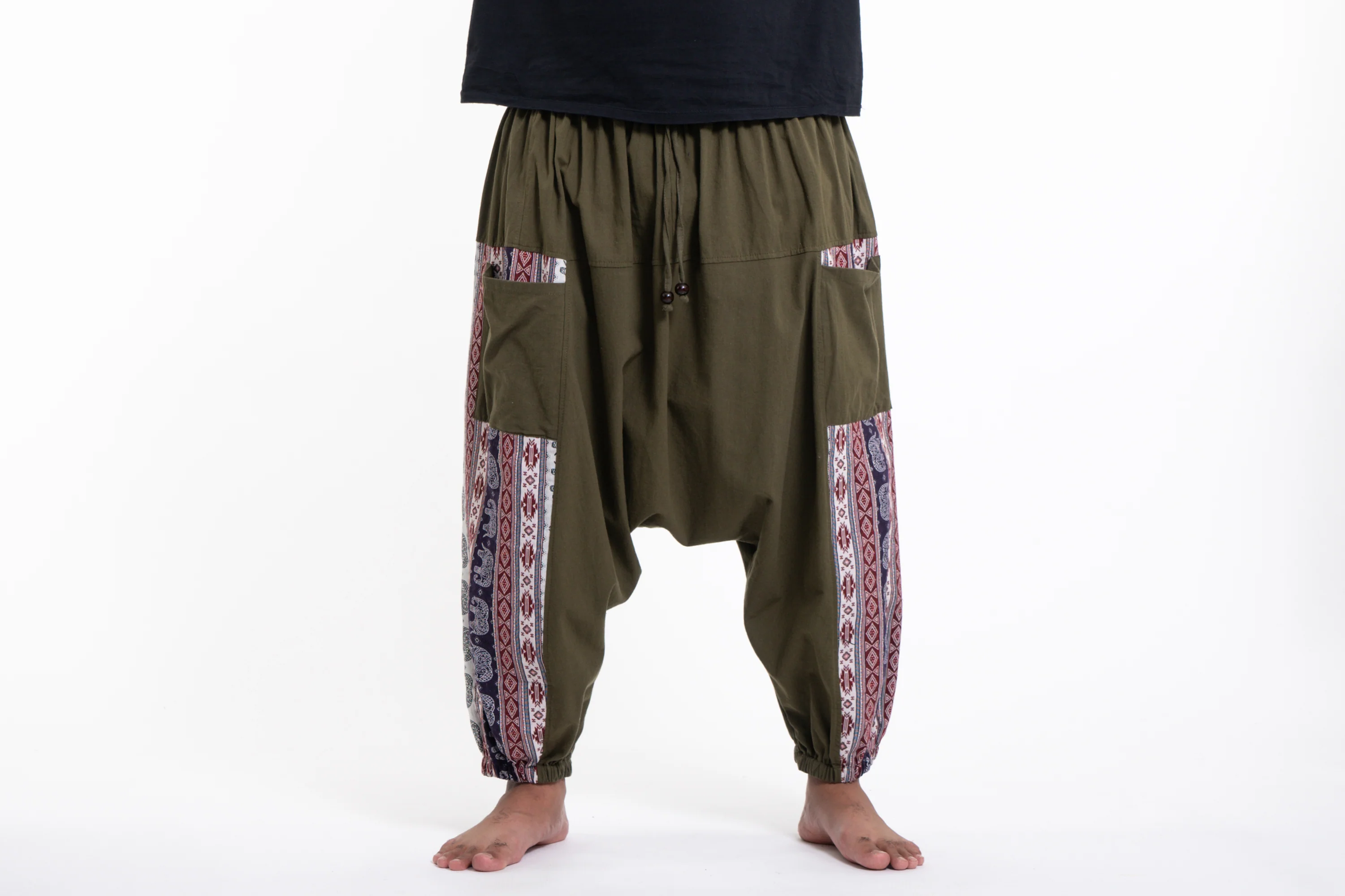 Plus Size Elephant Aztec Cotton Men's Harem Pants in Green