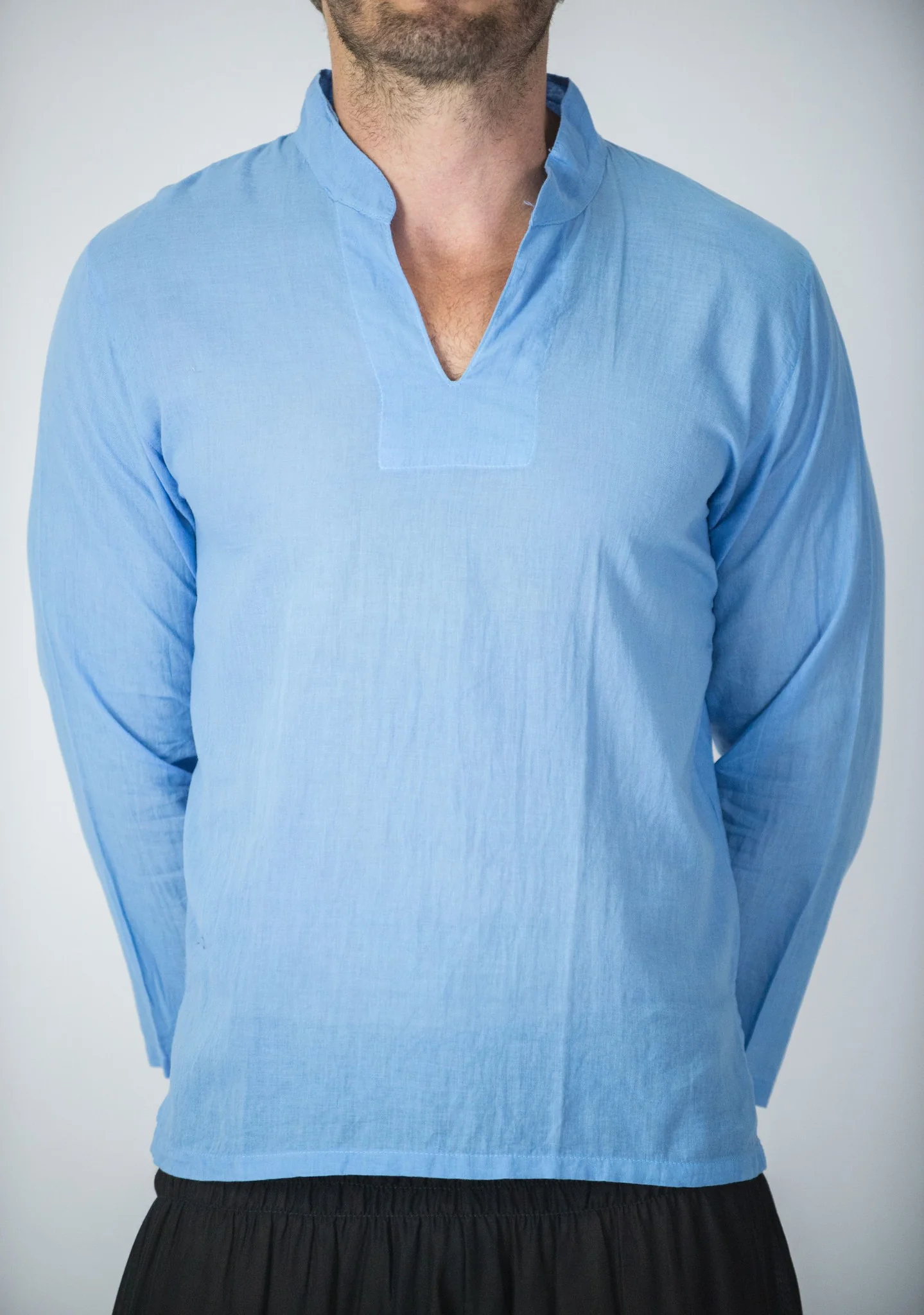 Mens Yoga Shirts Nehru Collared in Blue