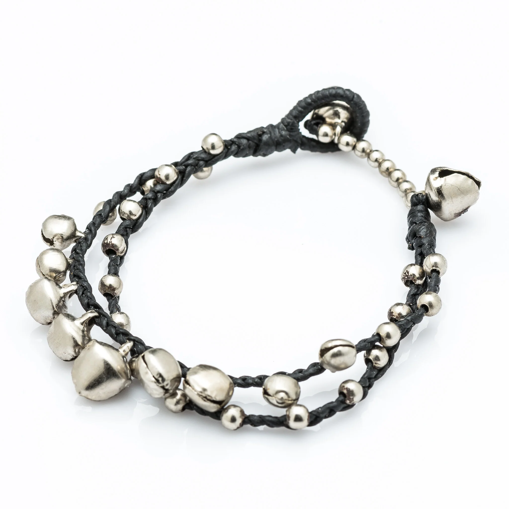 Silver Color Bell Waxed Cotton Bracelets in Black