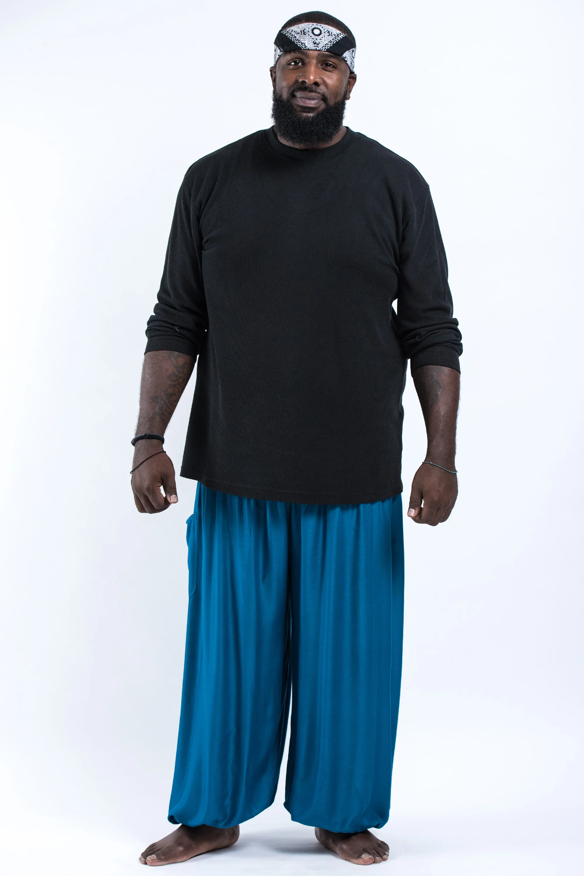Plus Size Solid Color Men's Harem Pants in Aqua Blue