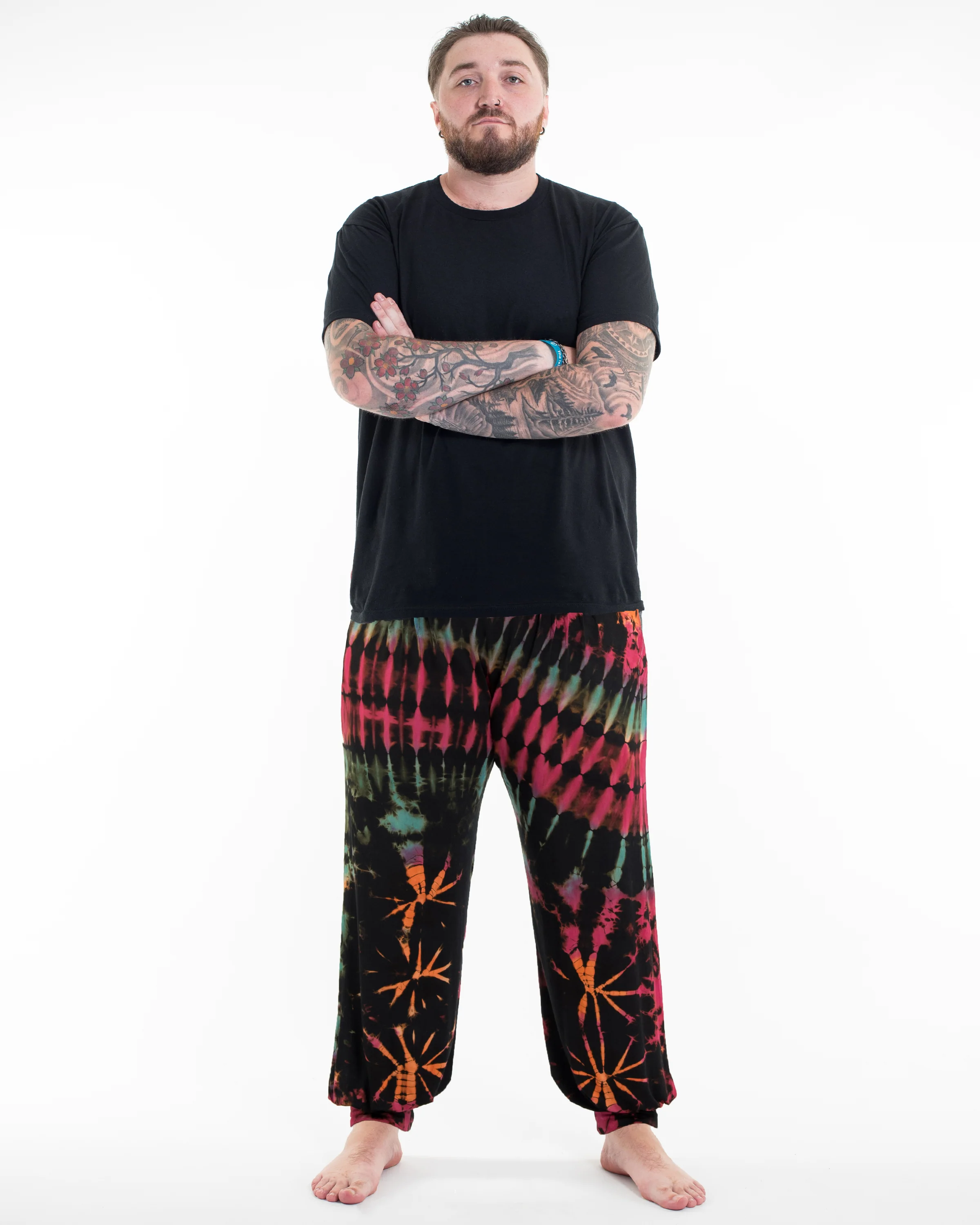 Plus Size Tie Dye Cotton Men Harem Pants in Black Pink