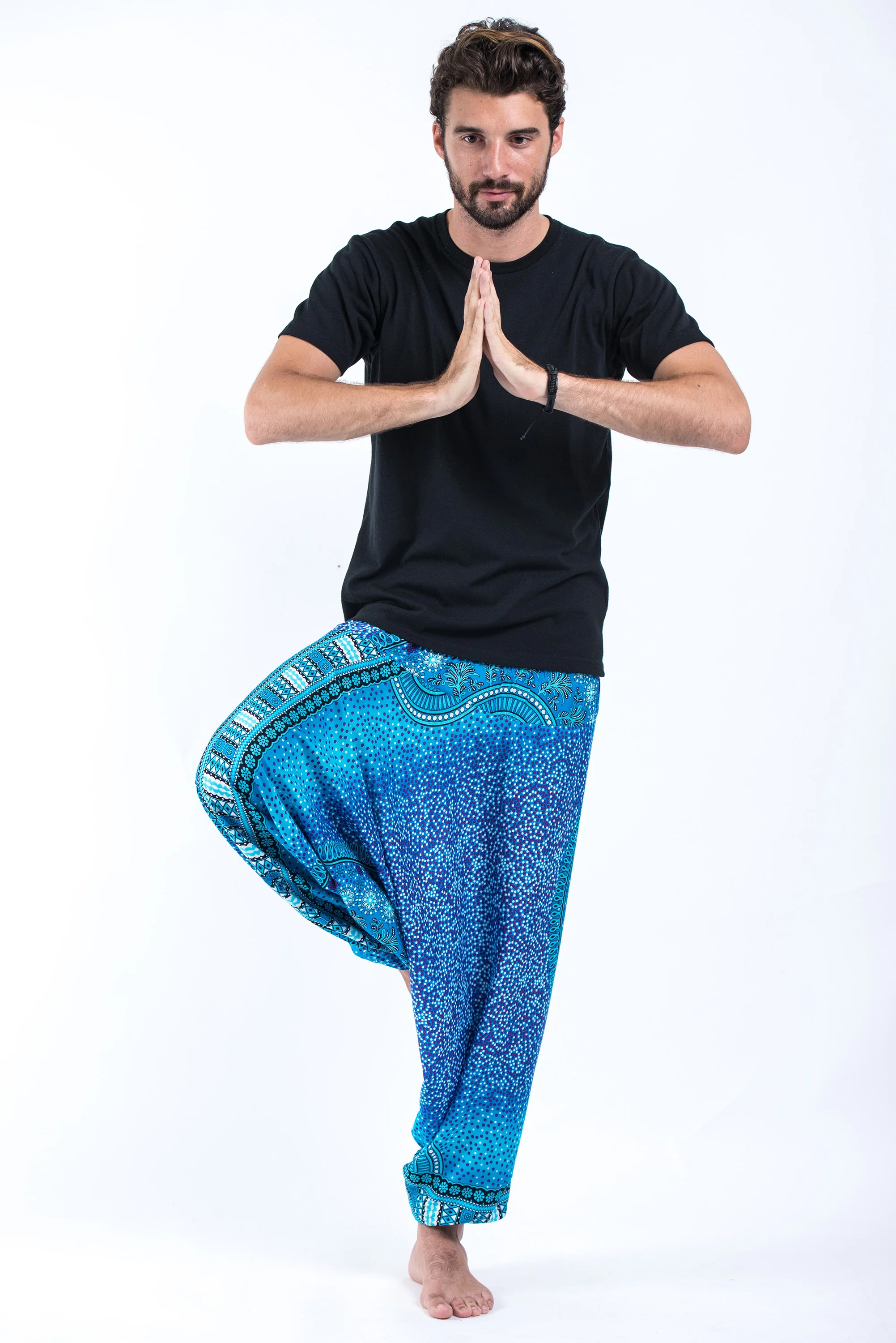 Tribal Chakras Drop Crotch Men's Harem Pants in Blue