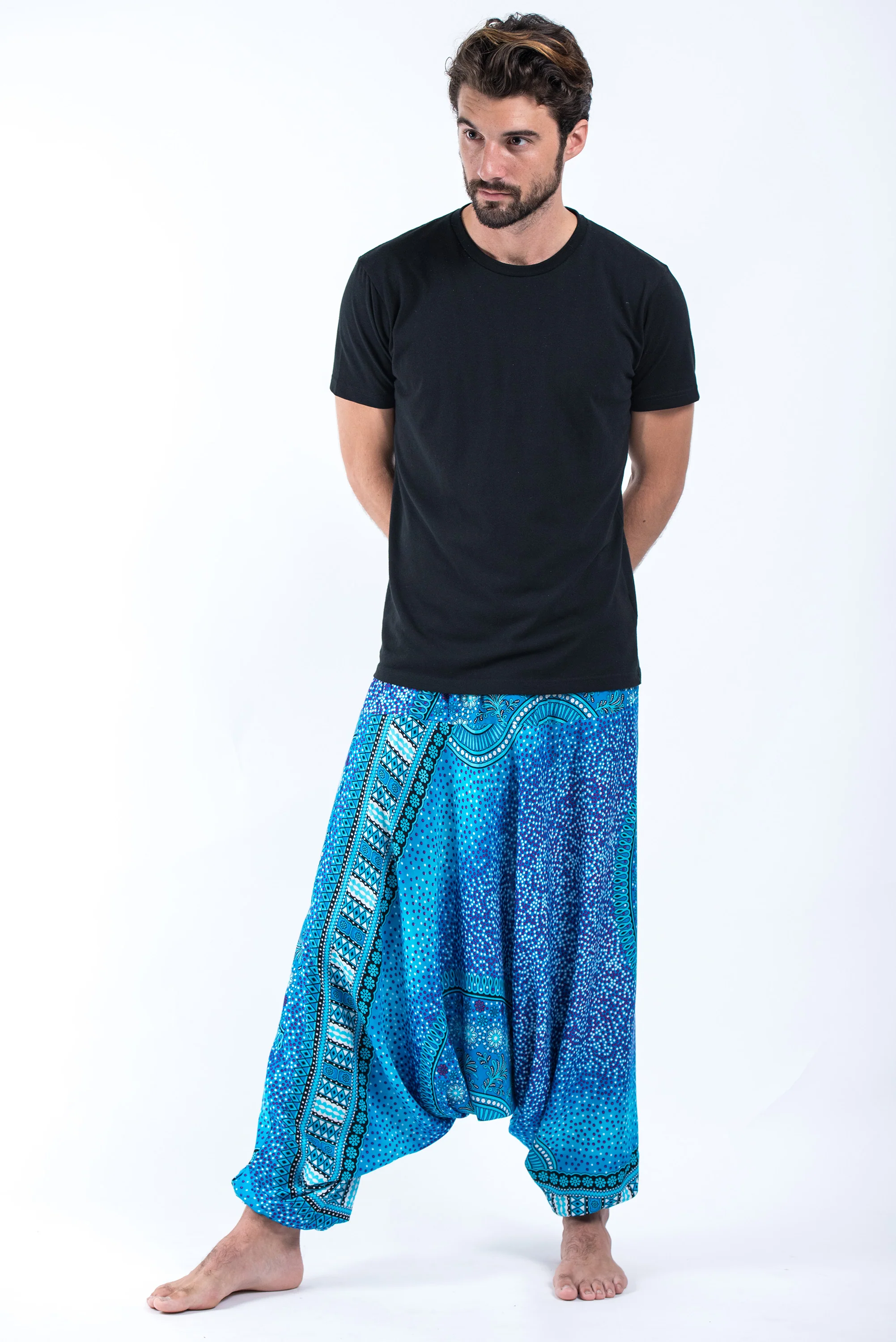 820-Tribal-Chakras-Drop-Crotch-Men-s-Harem-Pants-in-Blue-4.webp Tribal Chakras Drop Crotch Men's Harem Pants in Blue