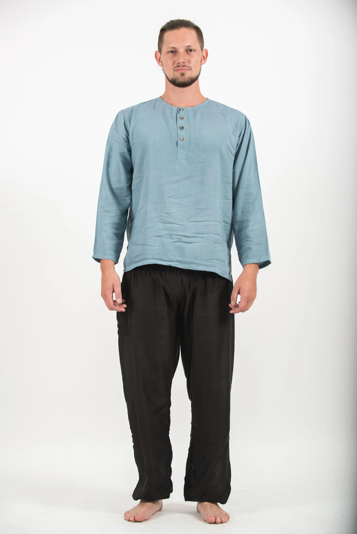 Mens Yoga Shirts No Collar with Coconut Buttons in Aqua