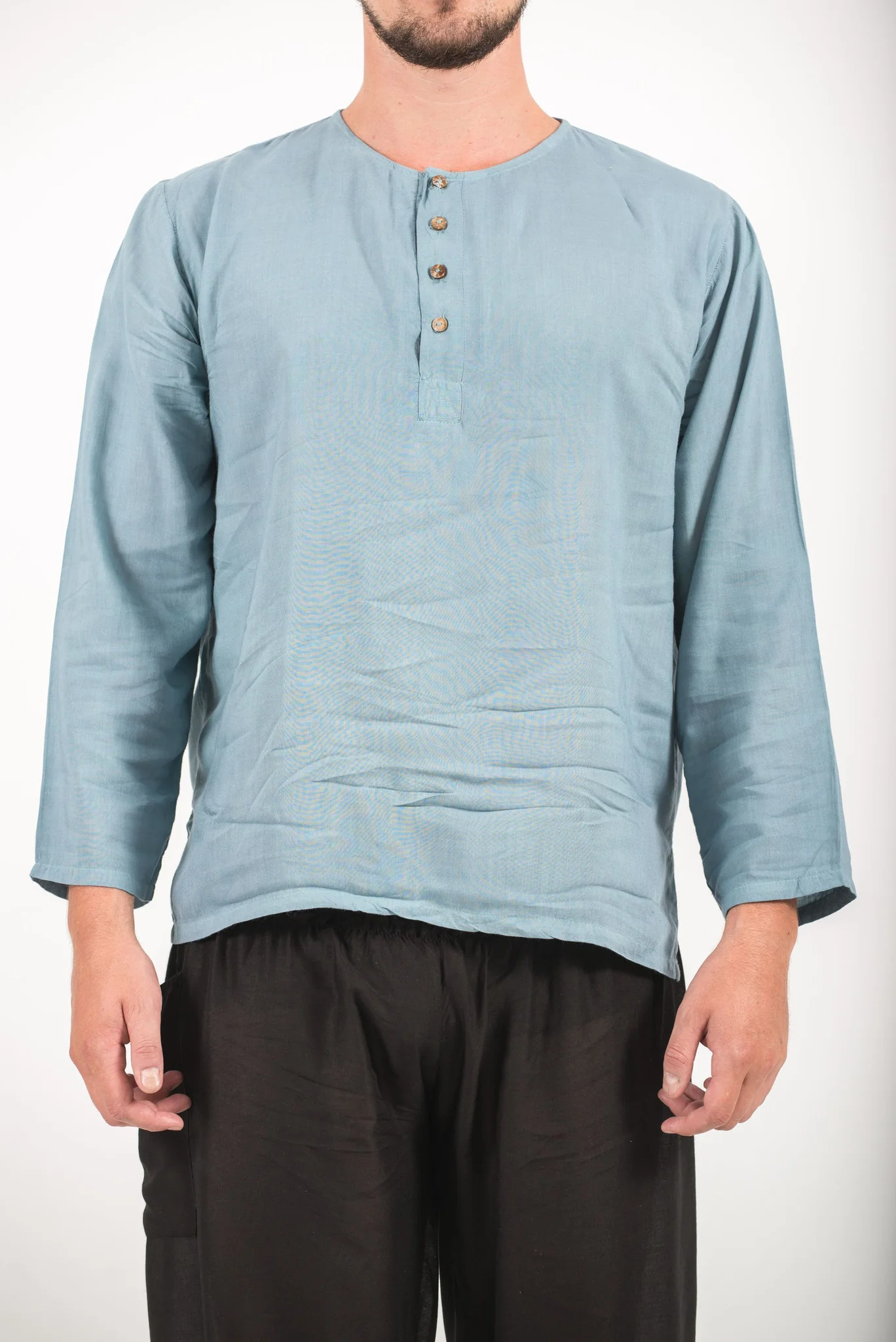 Mens Yoga Shirts No Collar with Coconut Buttons in Aqua