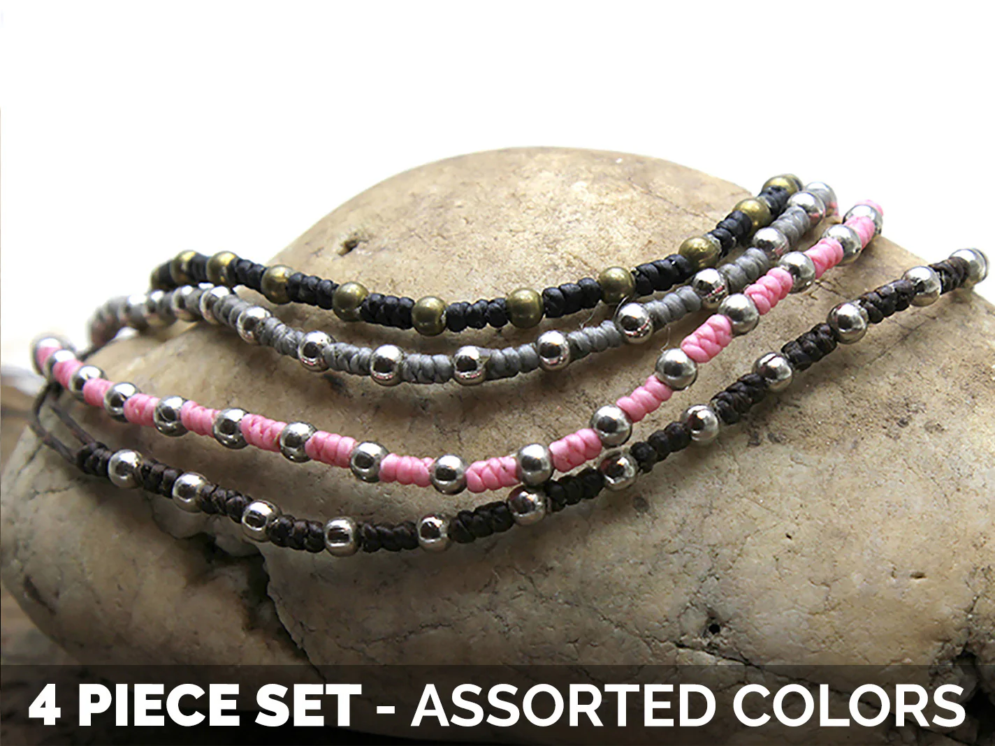 Waxed Cotton with Beads Bracelets 4 Pcs. PACK