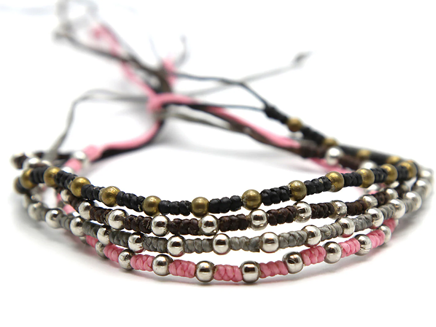 Waxed Cotton with Beads Bracelets 4 Pcs. PACK