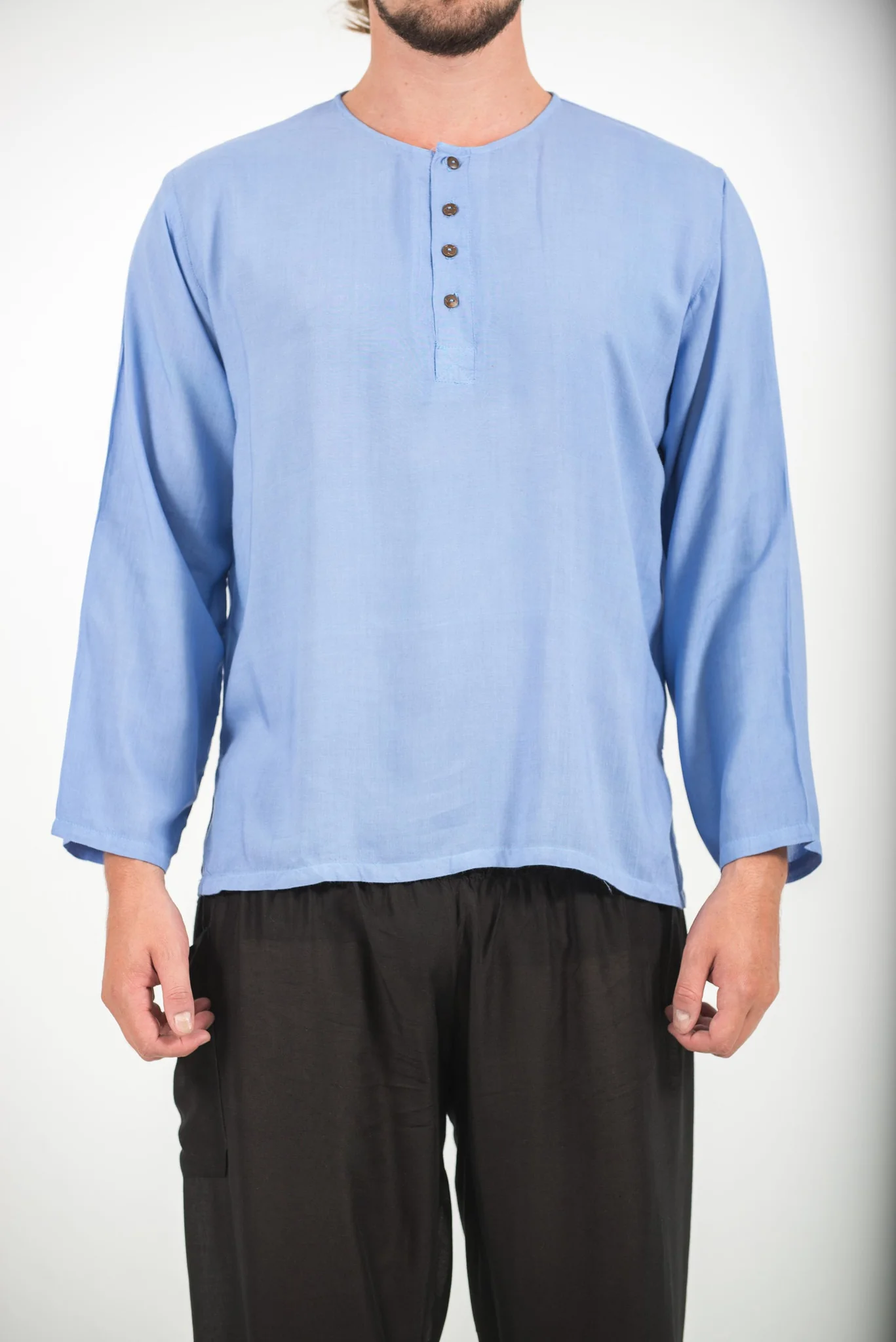 Mens Yoga Shirts No Collar with Coconut Buttons in Blue