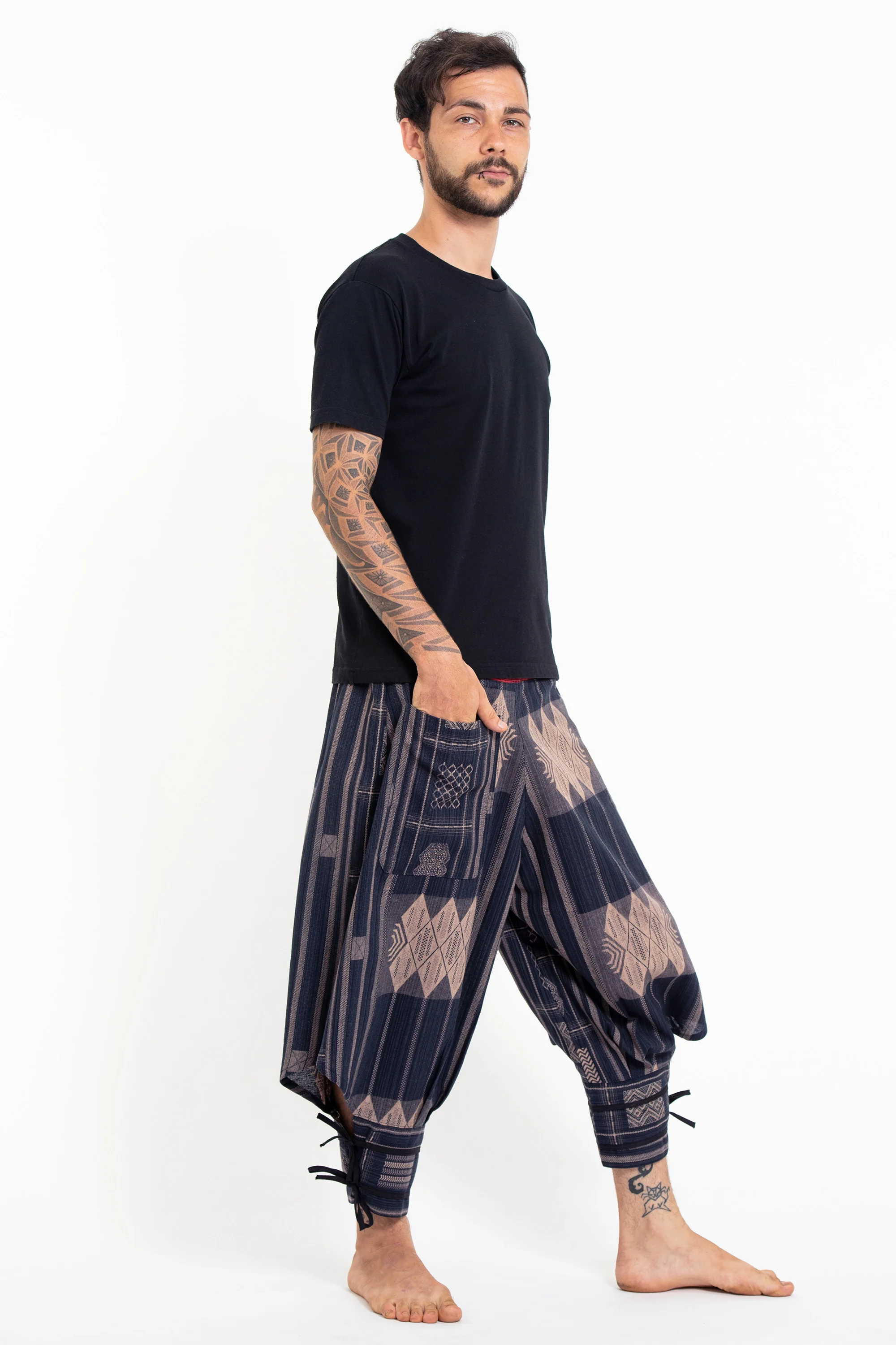 836-Thai-Hill-Tribe-Fabric-Men-s-Harem-Pants-with-Ankle-Straps-in-Artisan-Blue-3.webp Thai Hill Tribe Fabric Men's Harem Pants with Ankle Straps in Artisan Blue