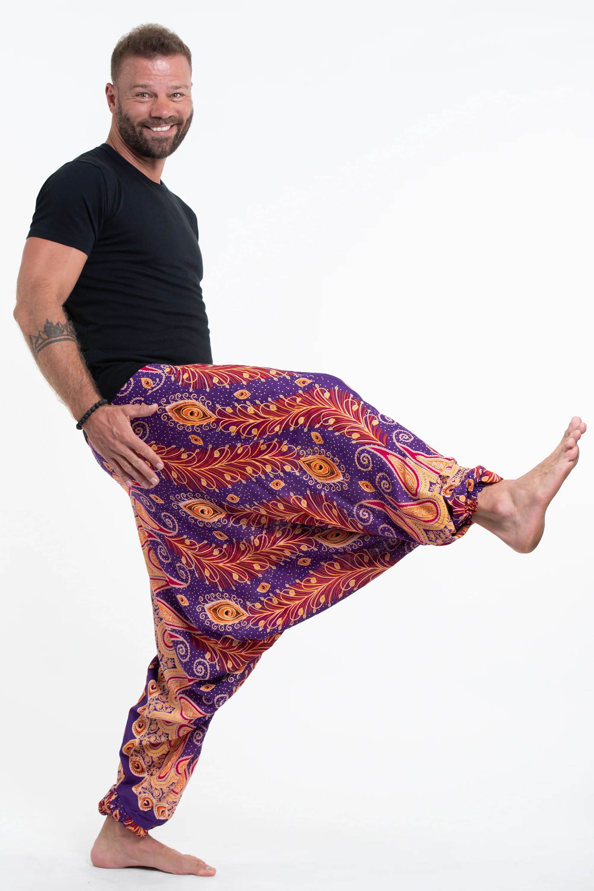 Peacock Paisley Drop Crotch Men's Harem Pants in Purple