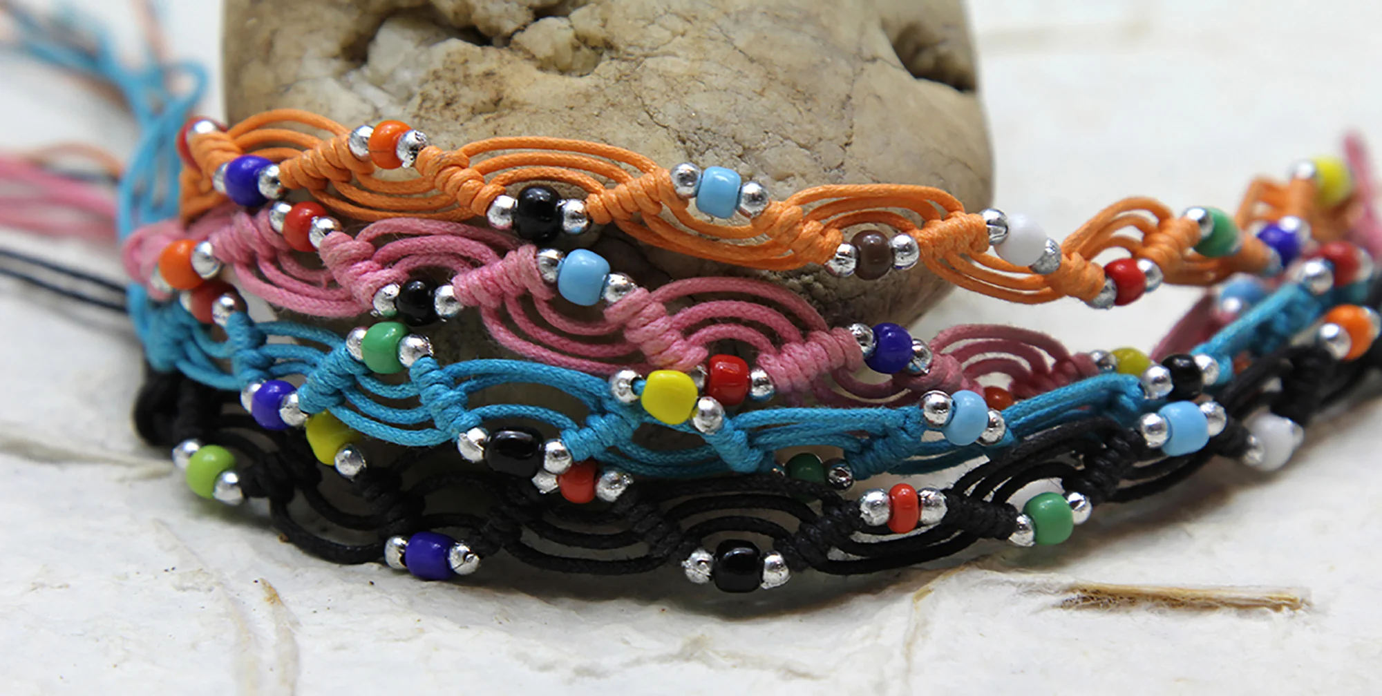 Waxed Cotton Woven Bracelet With Beads 4 Pcs. PACK