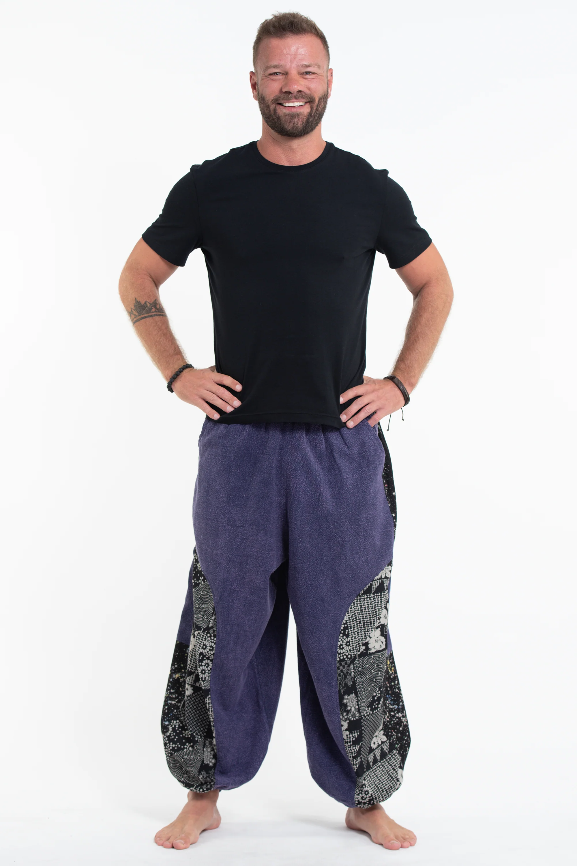 Stone Washed Patchwork Men Unisex Pants in Blue