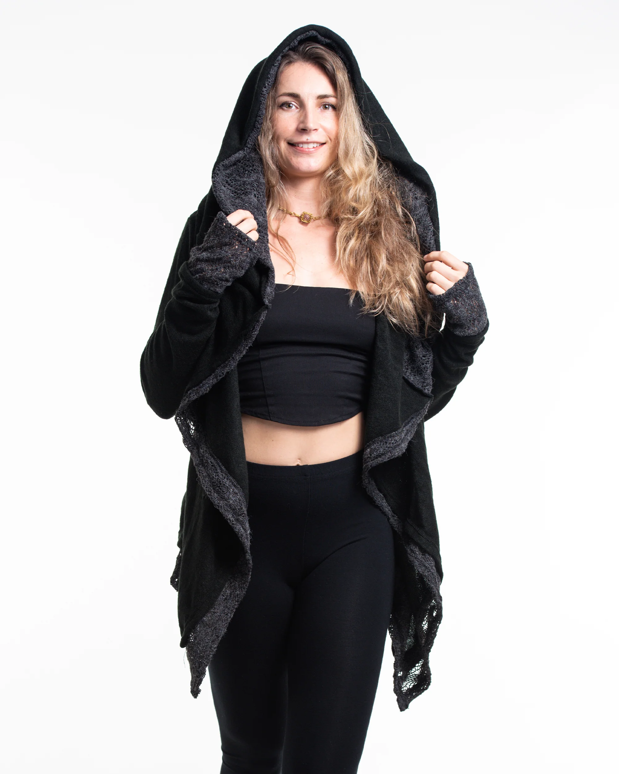 Hooded Shawl Cardigan in Black