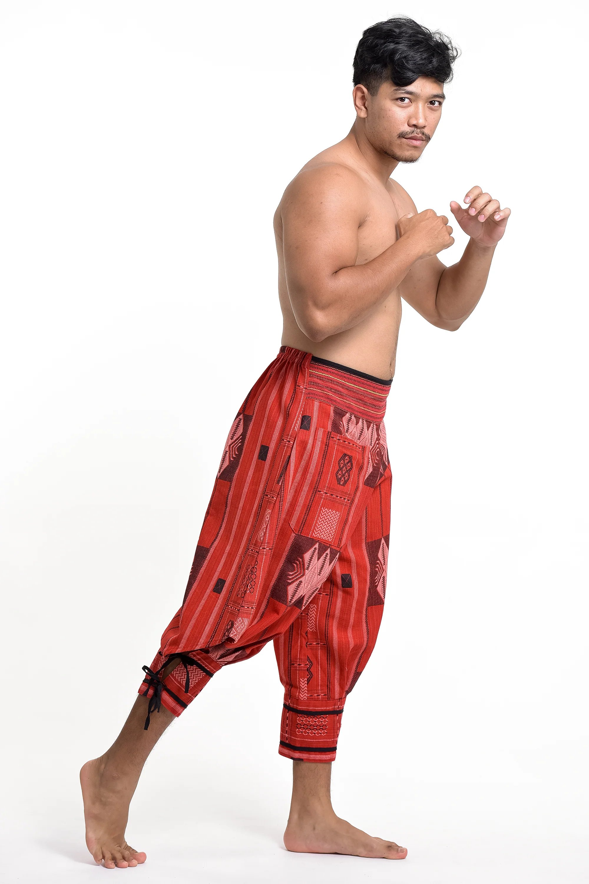 849-Thai-Hill-Tribe-Fabric-Men-s-Harem-Pants-with-Ankle-Straps-in-Red-3.webp Thai Hill Tribe Fabric Men's Harem Pants with Ankle Straps in Red