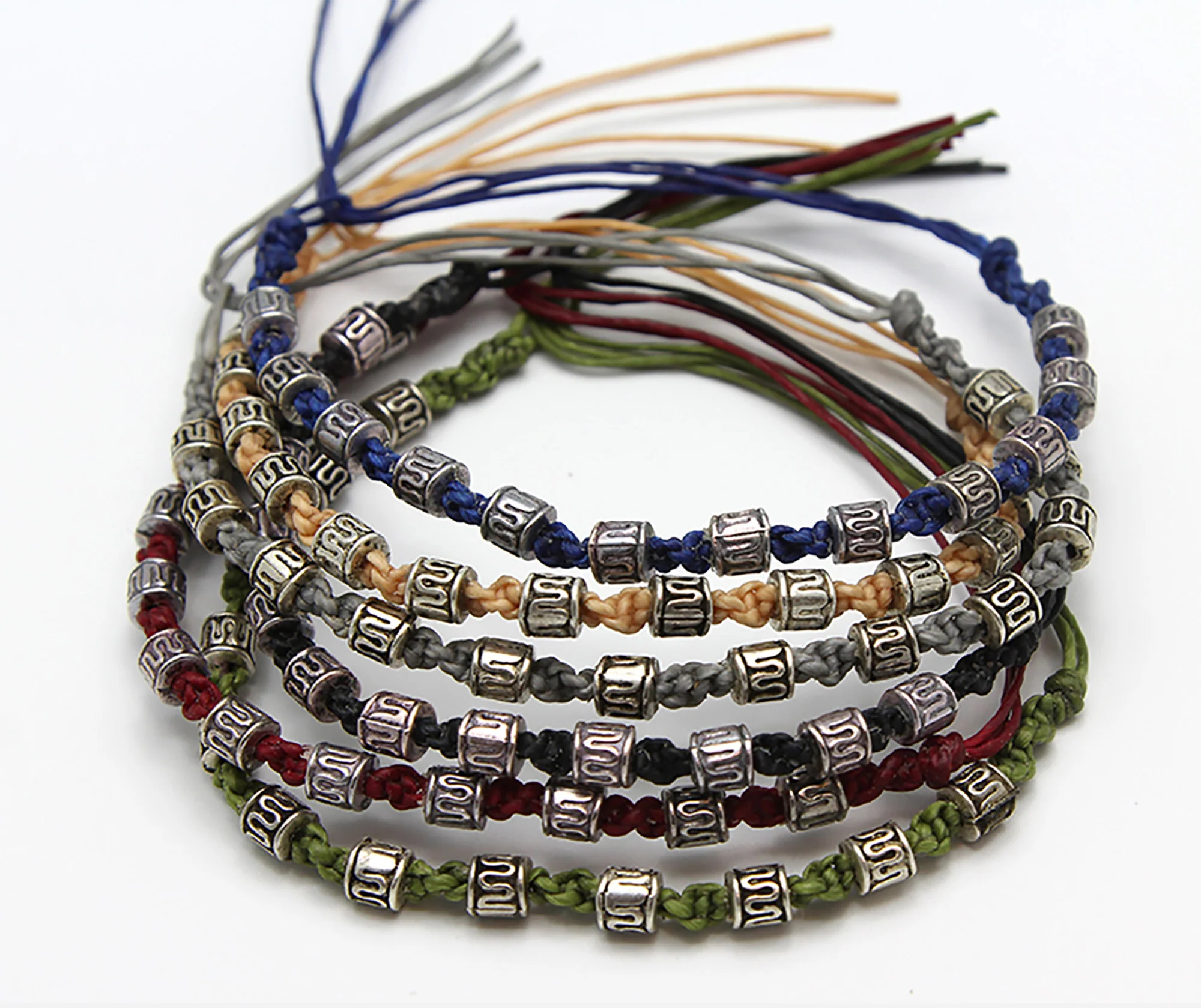 Waxed Cotton Woven Bracelet With Tribal Beads 6 Pcs. PACK