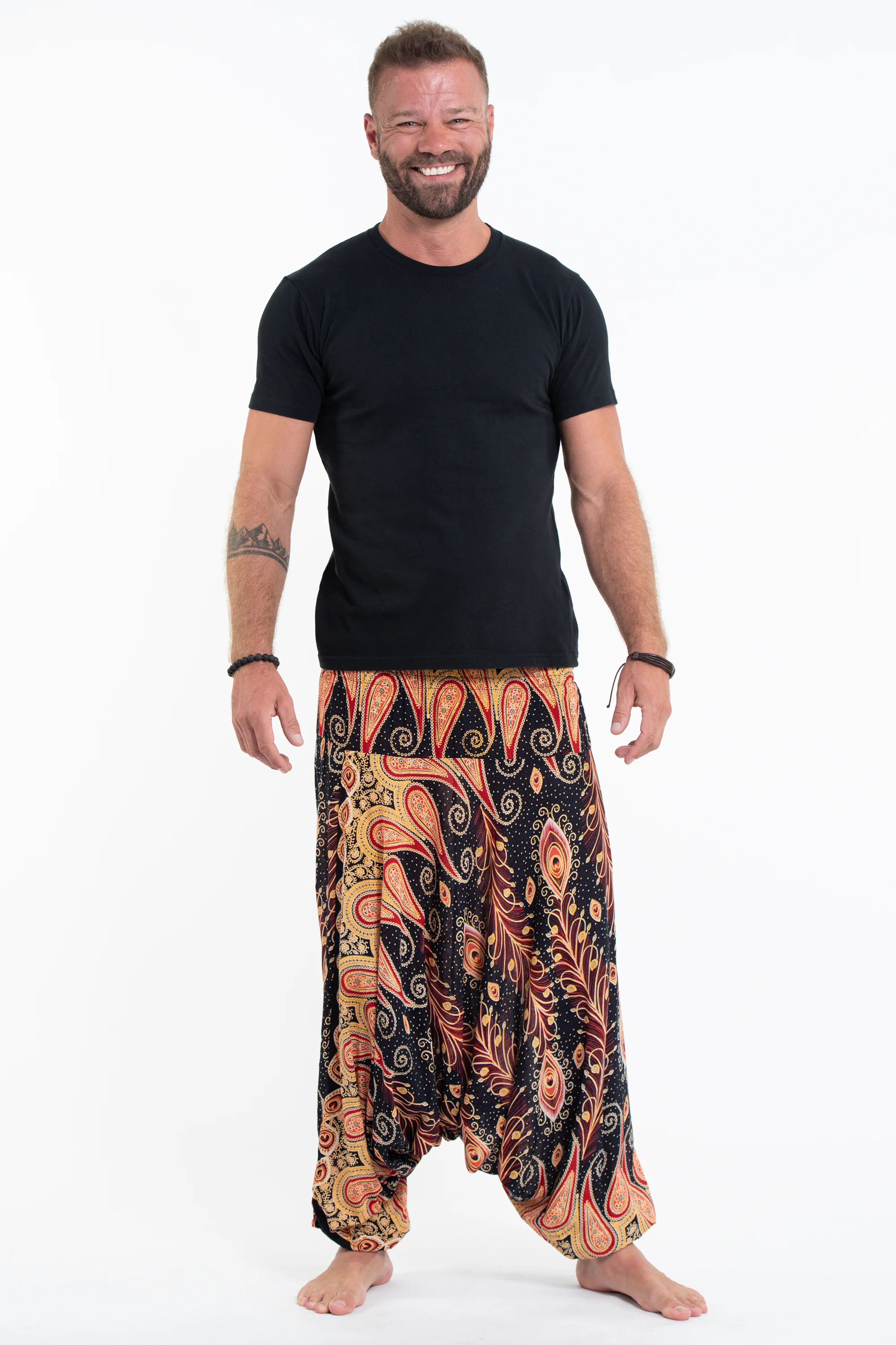 Peacock Paisley Drop Crotch Men's Harem Pants in Black