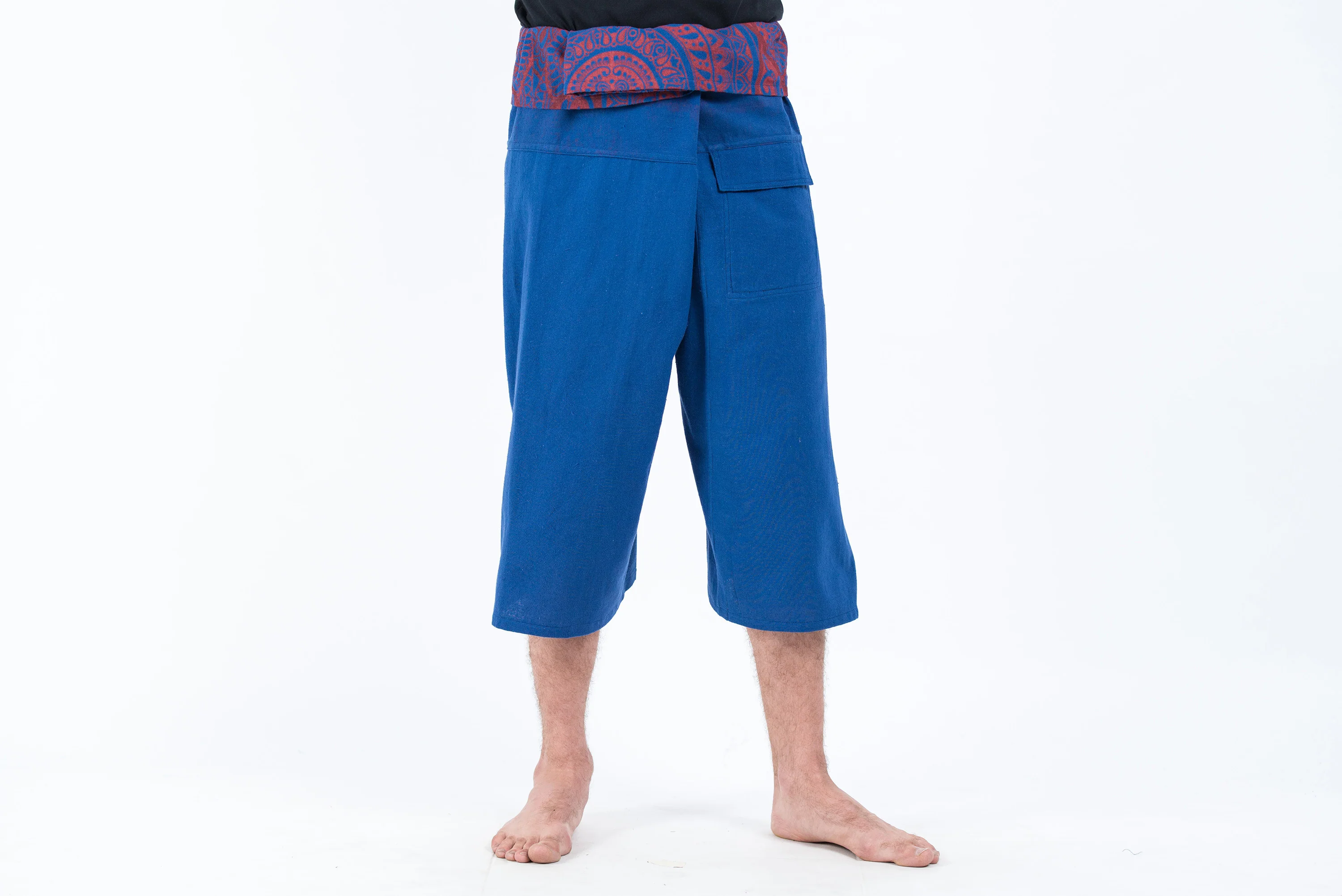 Men's Cropped Fisherman Pants with Pattern Waist Band in Blue