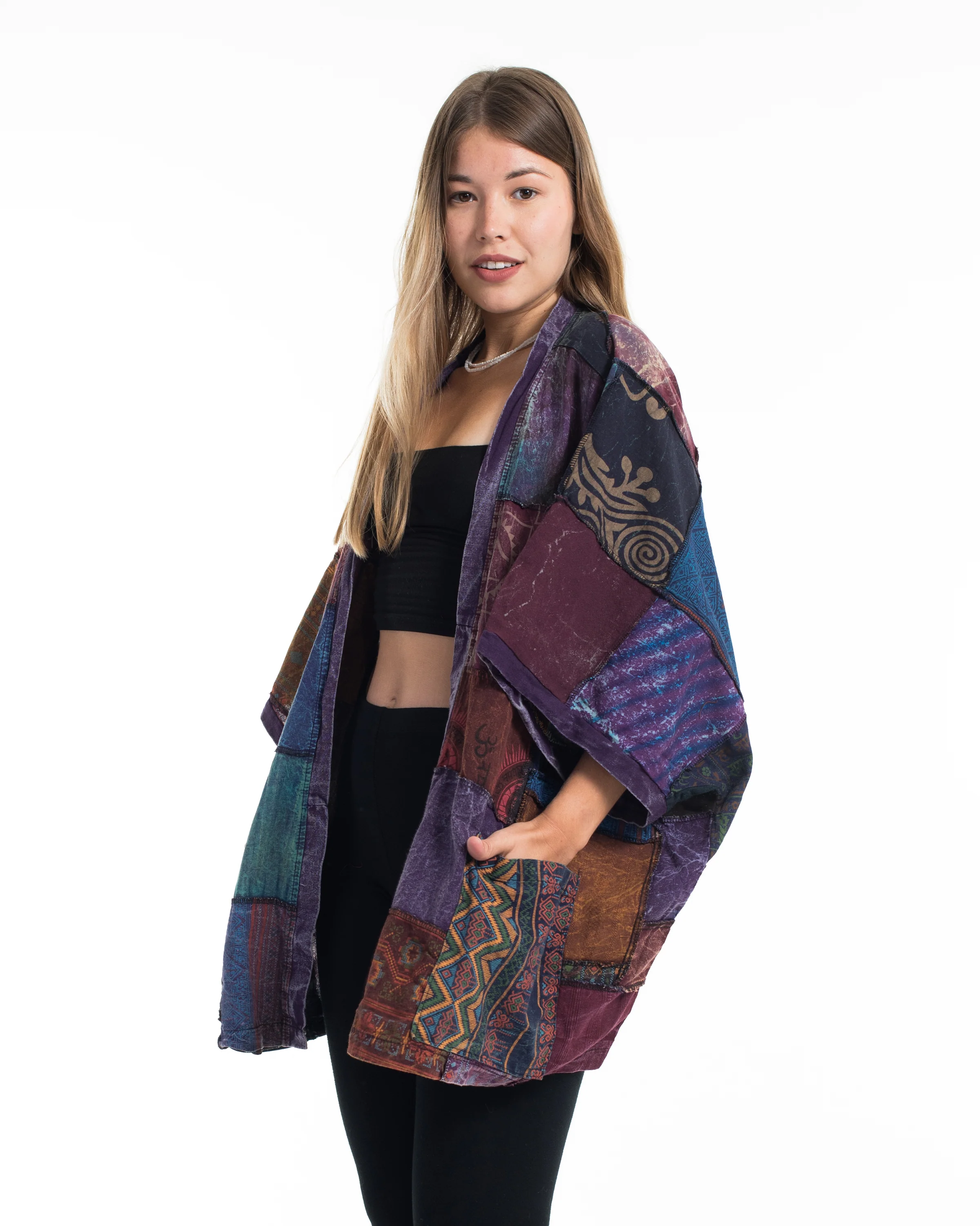Patchwork Stonewash Cardigan Jacket in Multi Purple
