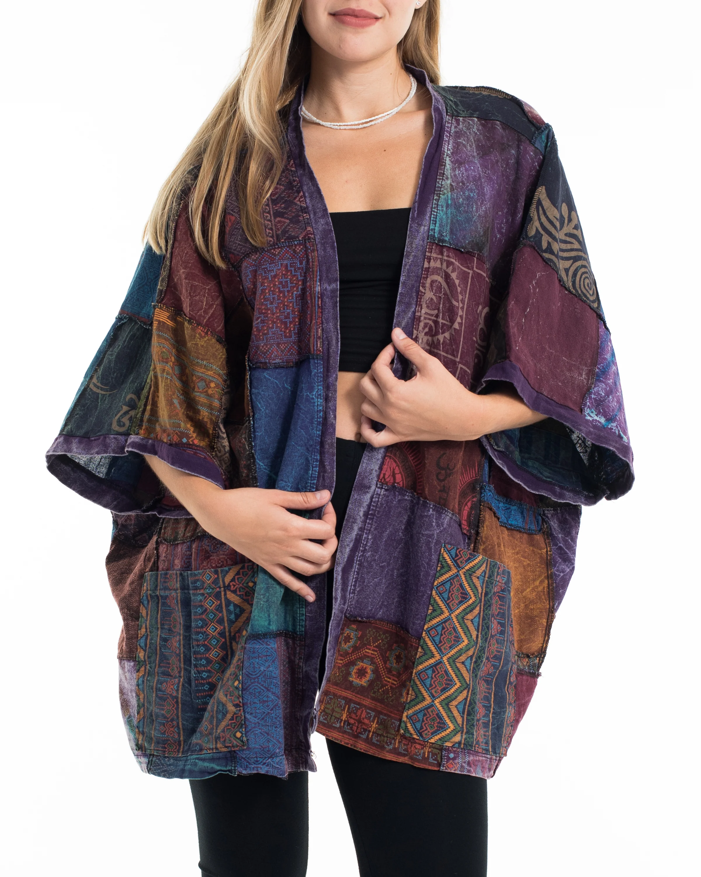 Patchwork Stonewash Cardigan Jacket in Multi Purple