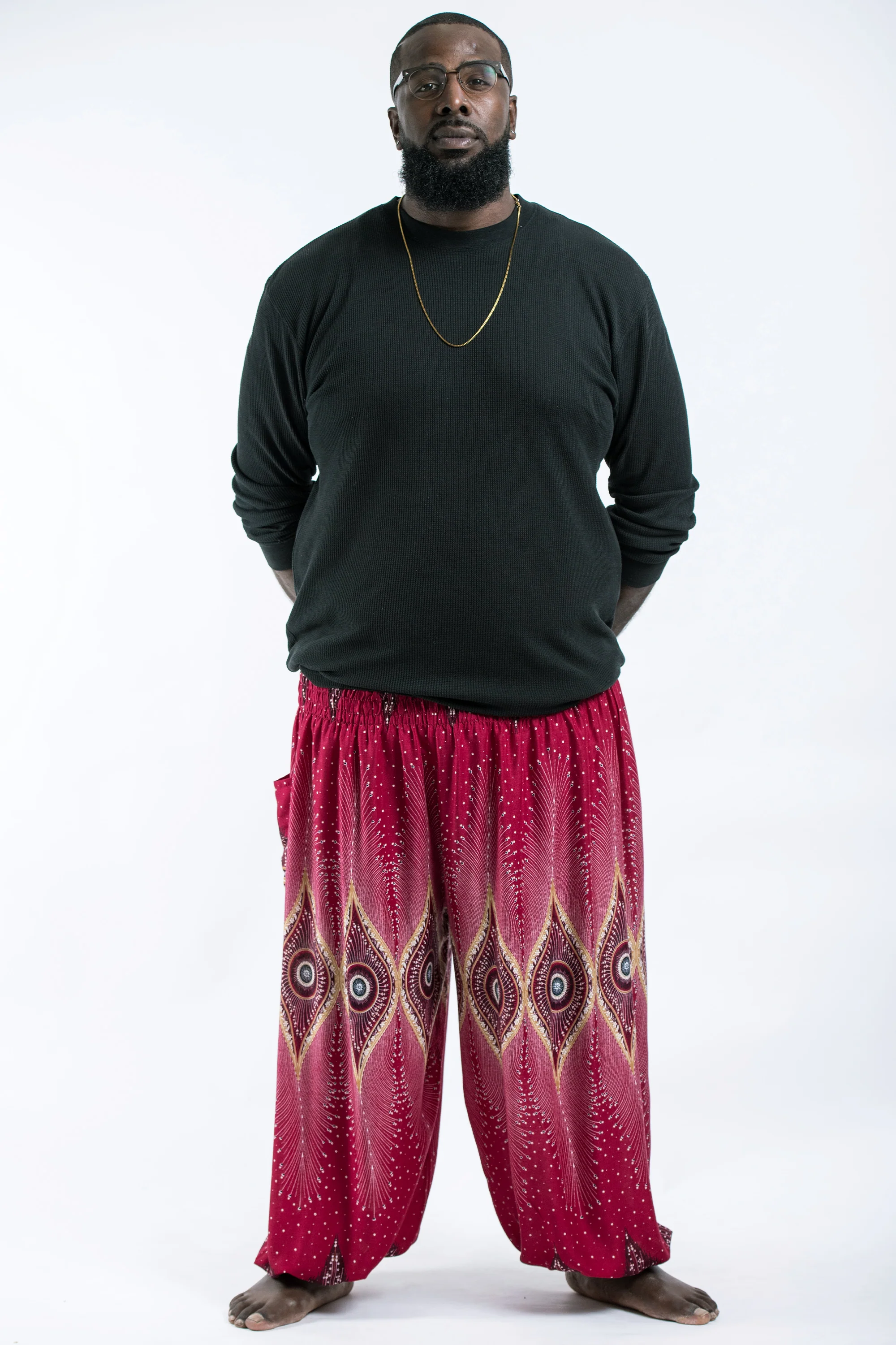 Plus Size Diamond Peacock Men's Harem Pants in Red