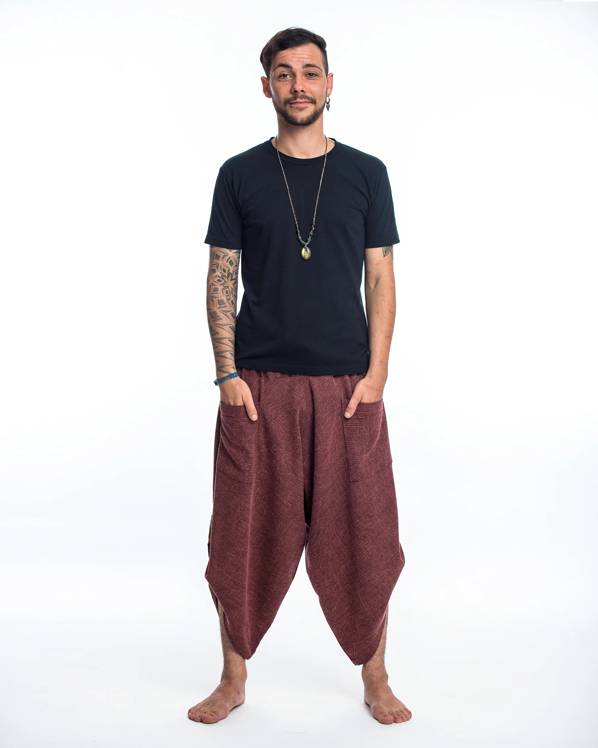 Stone Washed Large Pockets Men's Harem Pants in Maroon