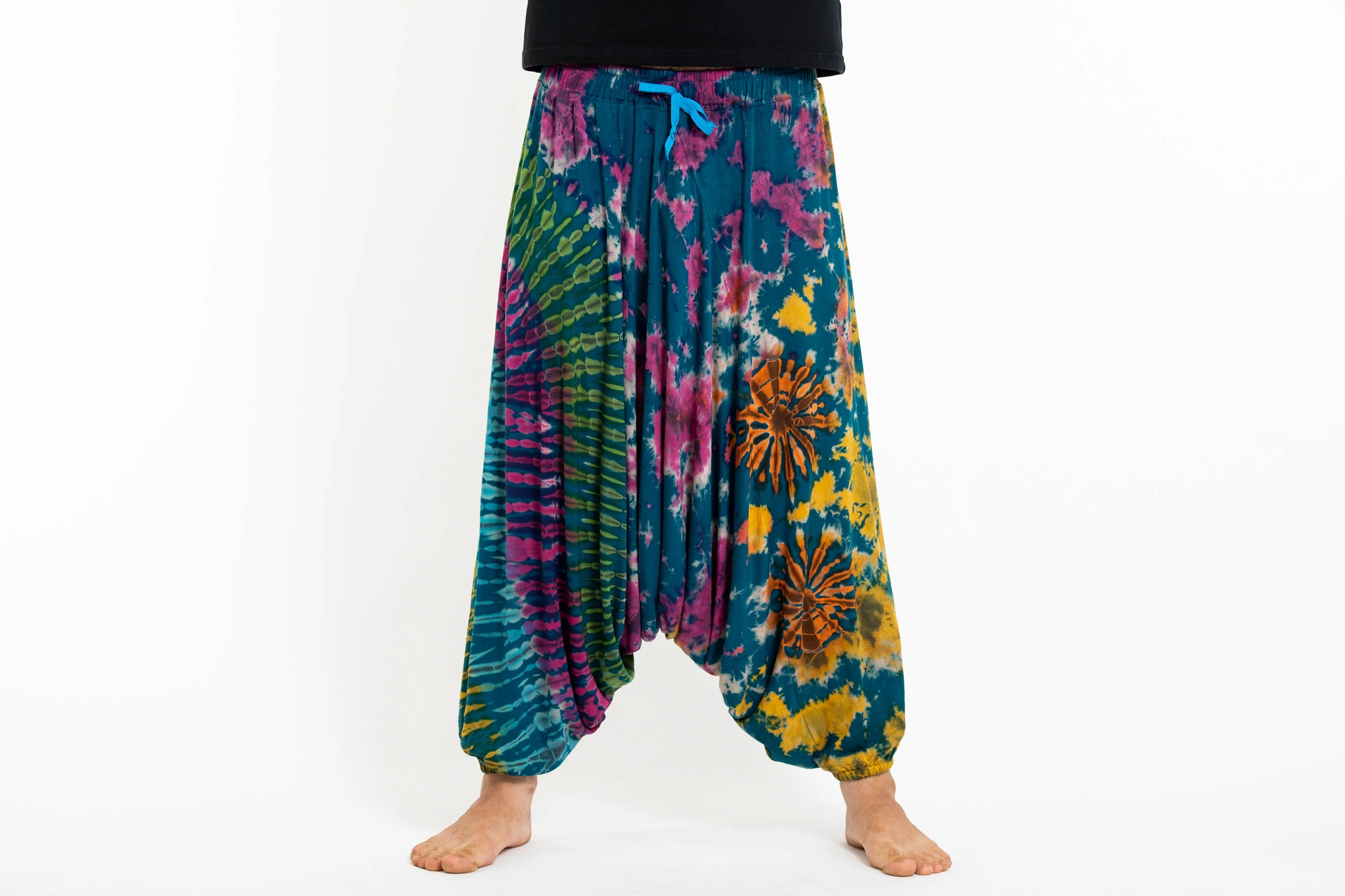 Tie Dye Men's Spandex Cotton Low Cut Harem Pants in Blue