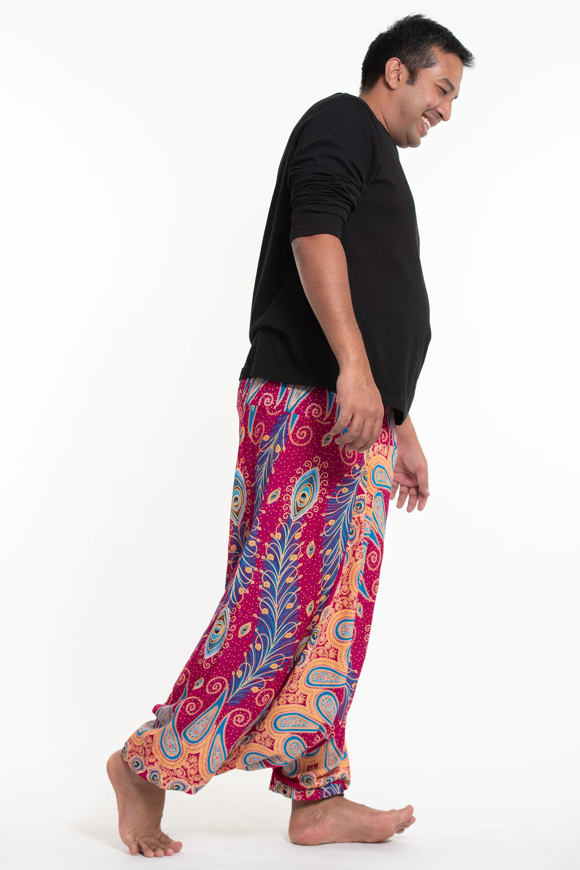 895-Plus-Size-Peacock-Paisley-Drop-Crotch-Men-s-Harem-Pants-in-Pink-3.webp Plus Size Peacock Paisley Drop Crotch Men's Harem Pants in Pink