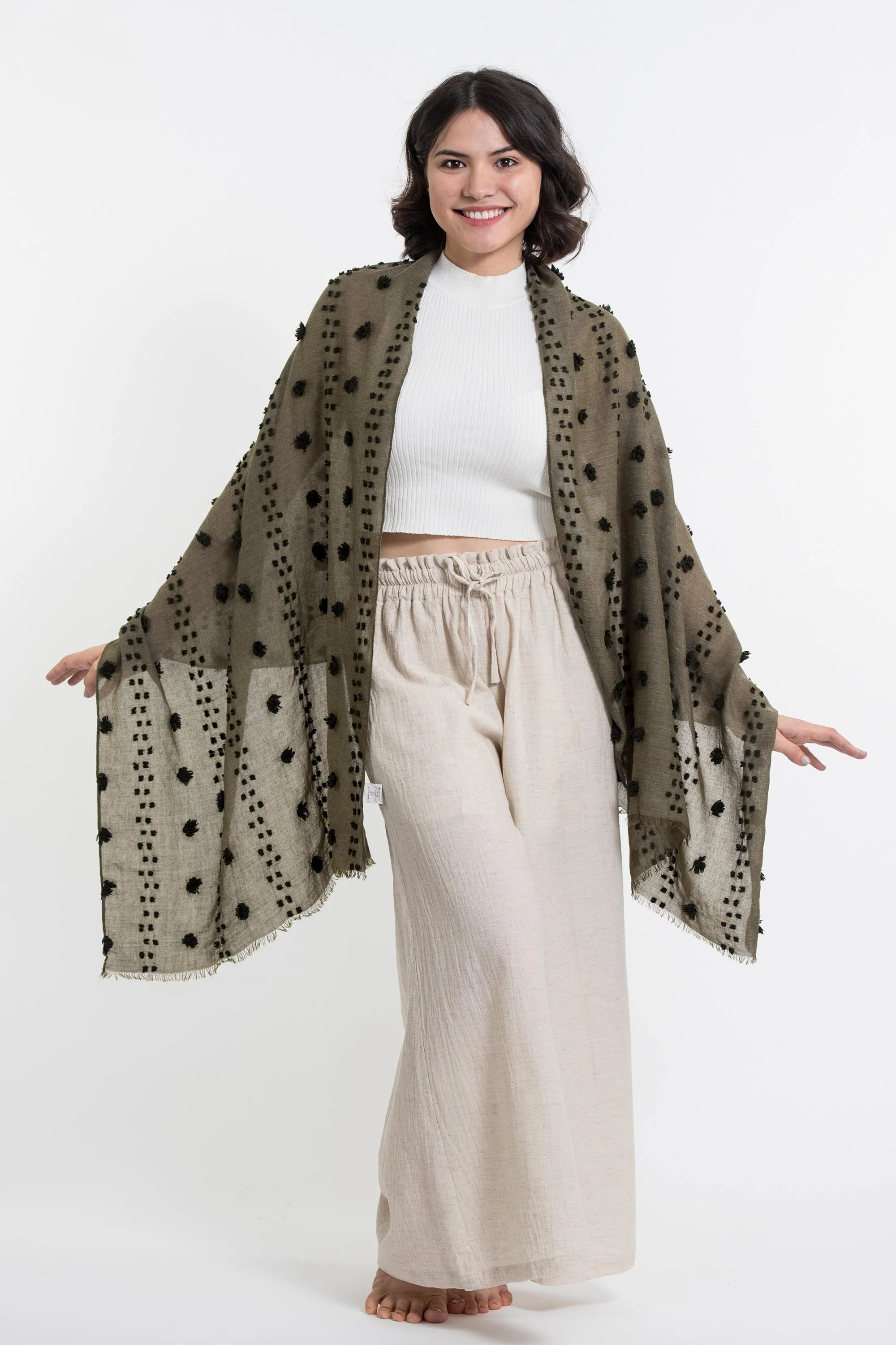 9-Cotton-Blend-Shawl-Scarf-with-Pom-Poms-in-Olive-3.webp Cotton Blend Shawl Scarf with Pom Poms in Olive