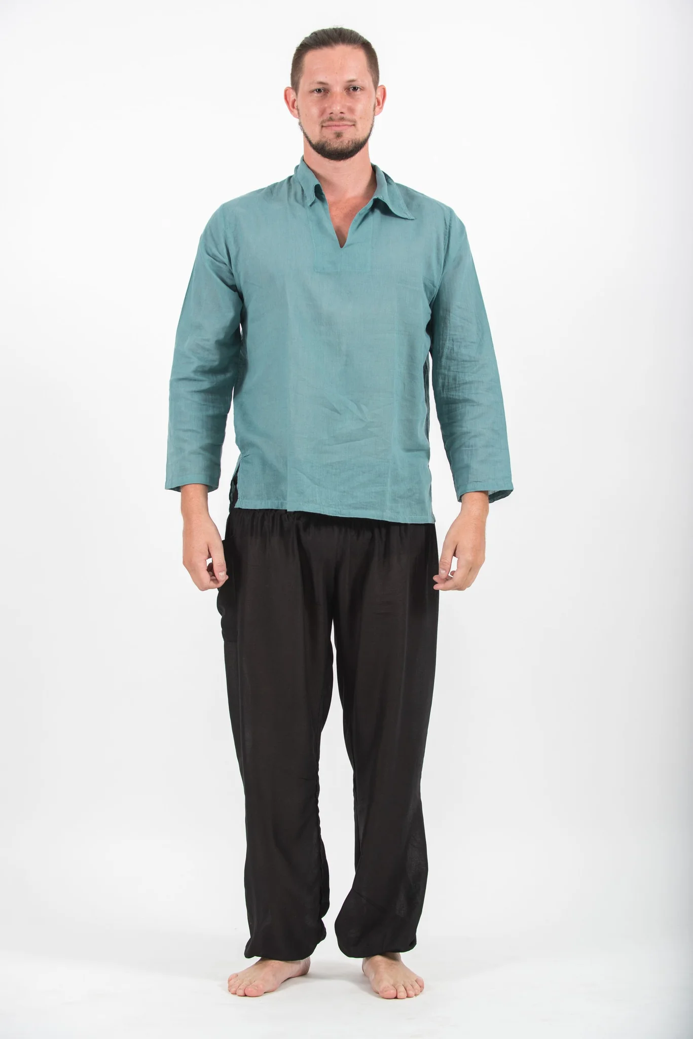 Mens Yoga Shirts Collar V Neck in Aqua