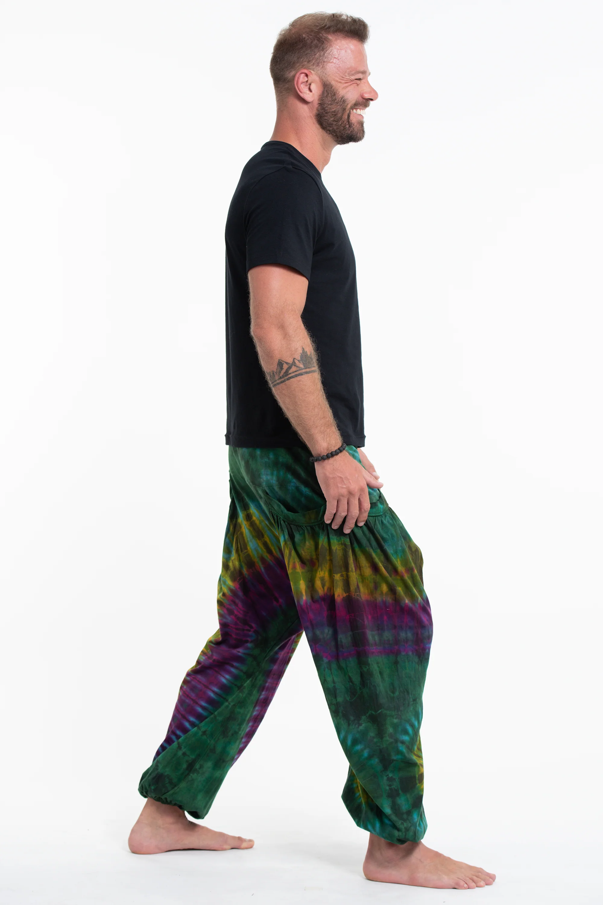914-Tie-Dye-Cotton-Men-Harem-Pants-in-Green-Yellow-3.webp Tie Dye Cotton Men Harem Pants in Green Yellow
