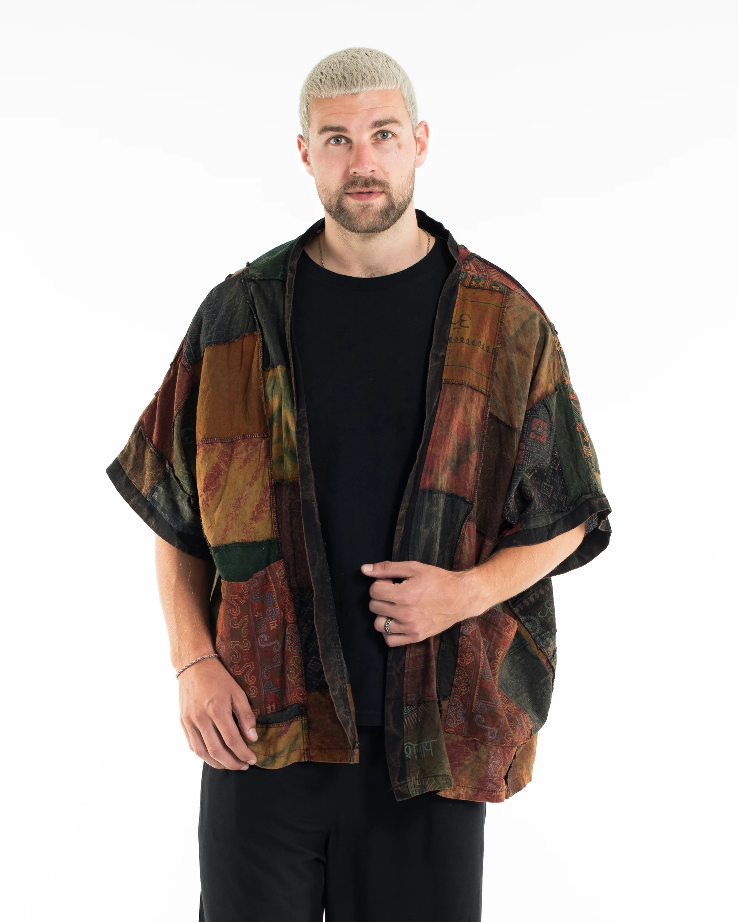 Patchwork Stonewash Cardigan in Multi Olive