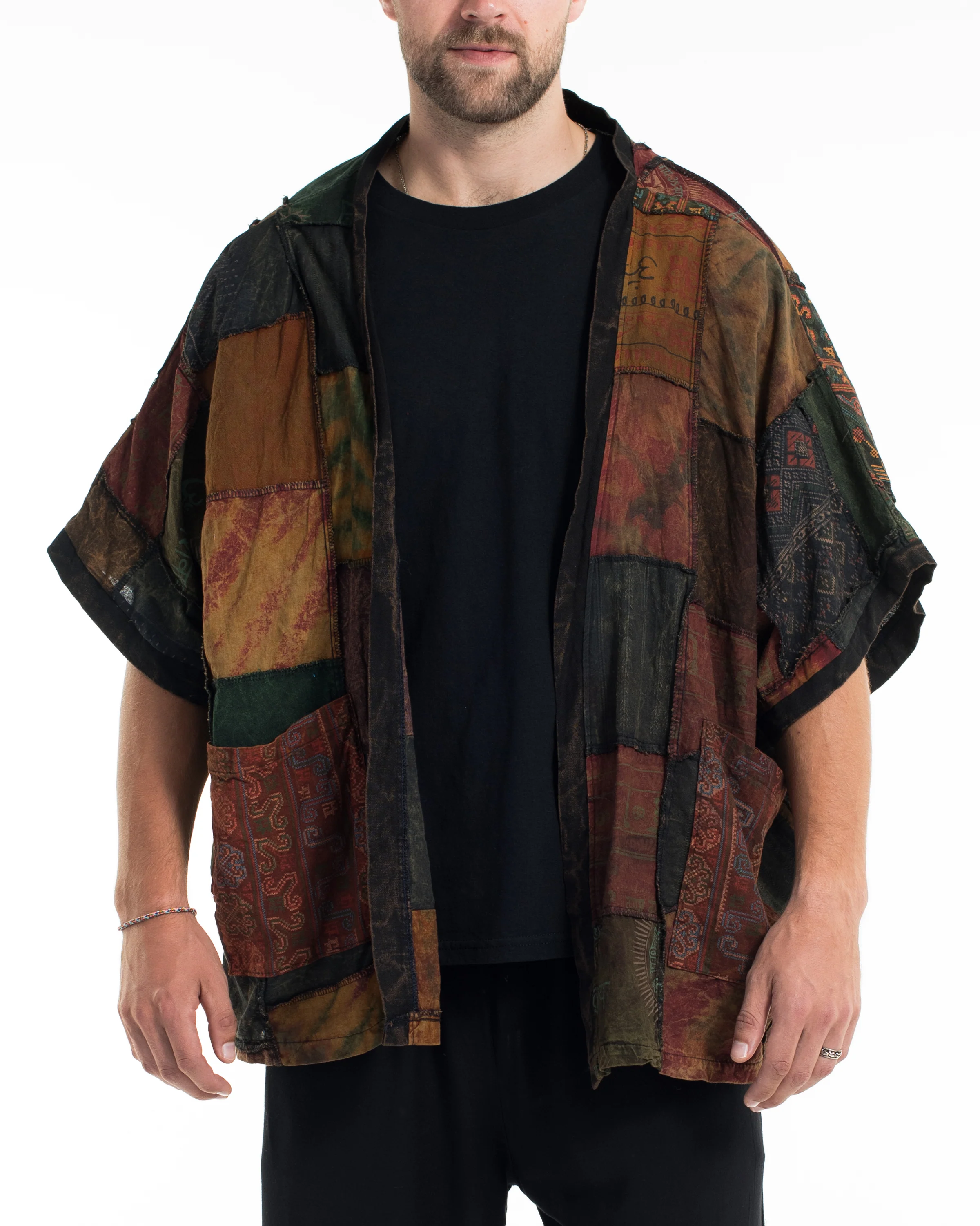 Patchwork Stonewash Cardigan in Multi Olive