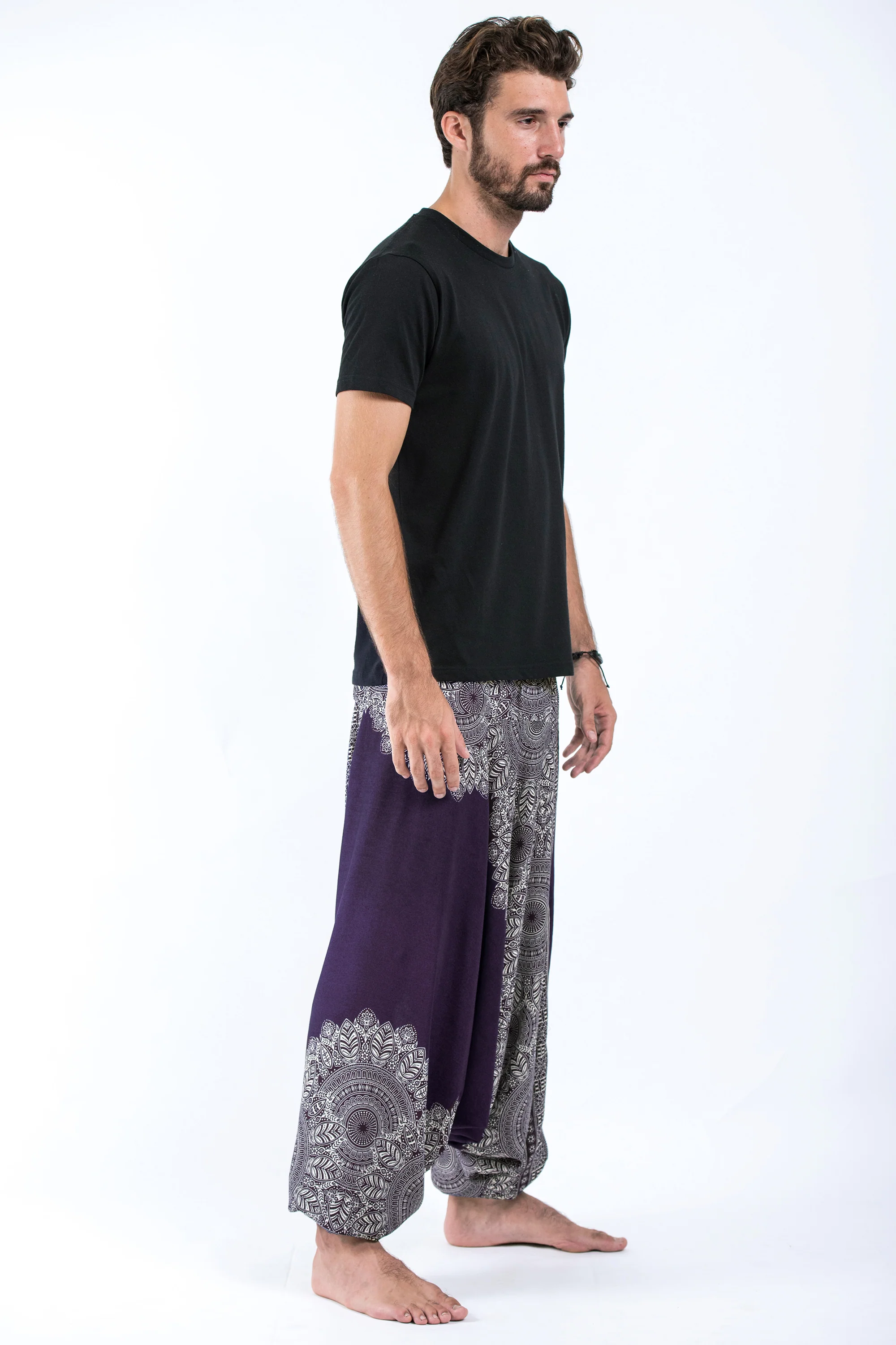 919-Floral-Mandalas-Drop-Crotch-Men-s-Harem-Pants-in-Purple-3.webp Floral Mandalas Drop Crotch Men's Harem Pants in Purple