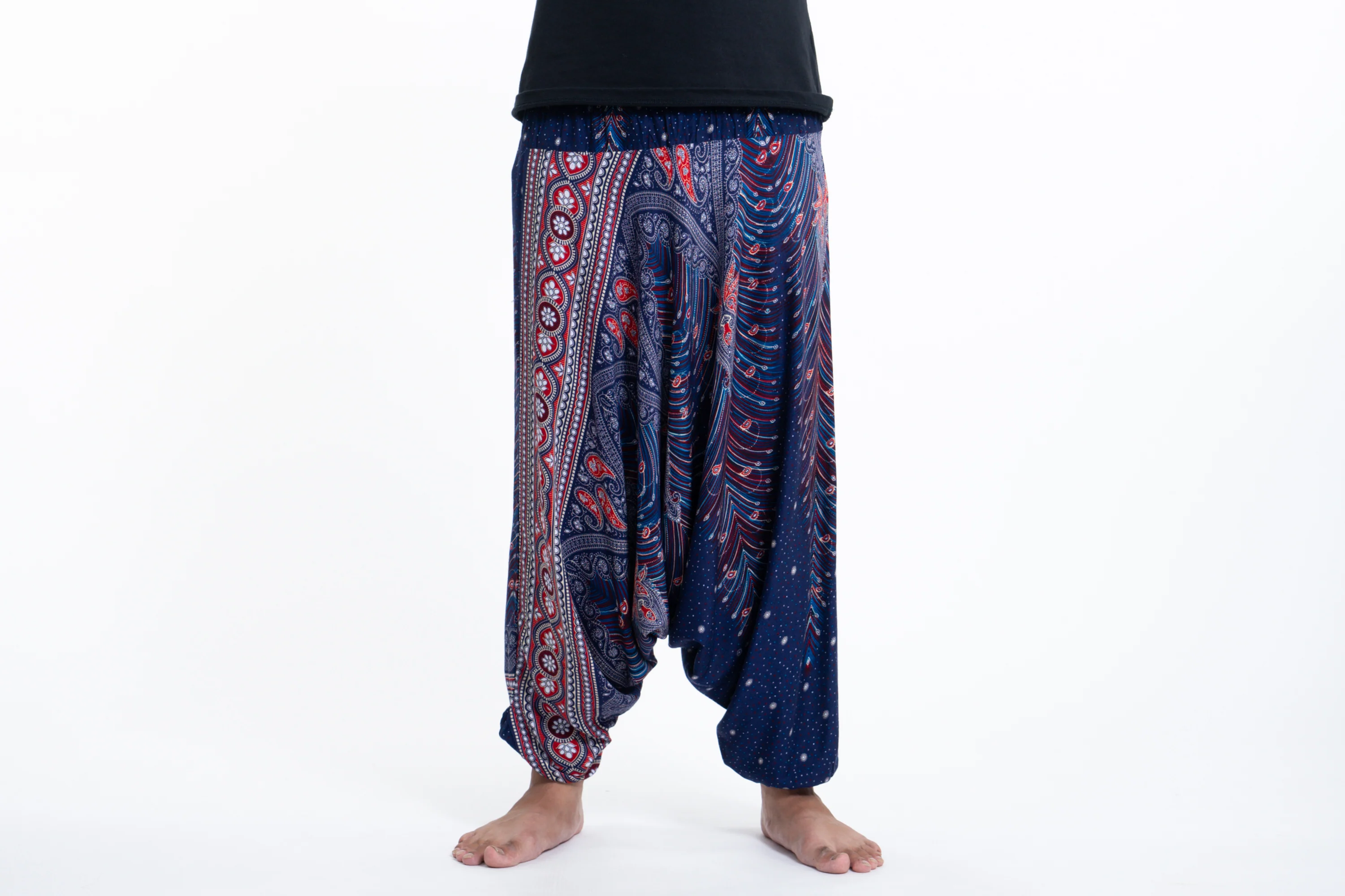 Peacock Feathers Drop Crotch Men's Harem Pants in Blue